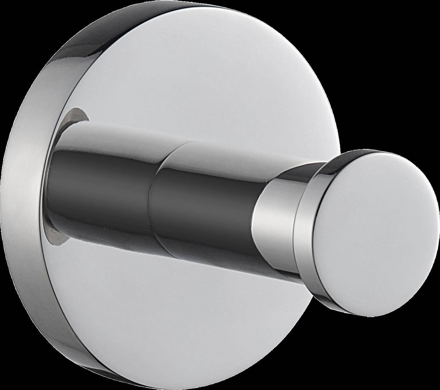 Chrome-Wandmontierter Mantelhalter mit rundem Hinterblech und kurzem zylindrischem Stift auf schwarzem Hintergrund.