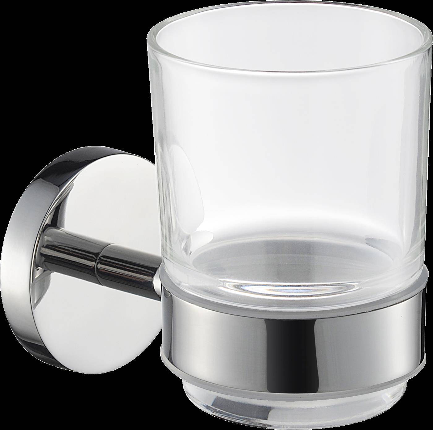 Verchromter wandmontierter Zahnbürstenhalter aus Glas für das Badezimmer mit transparentem Glasbecher auf schwarzem Hintergrund.