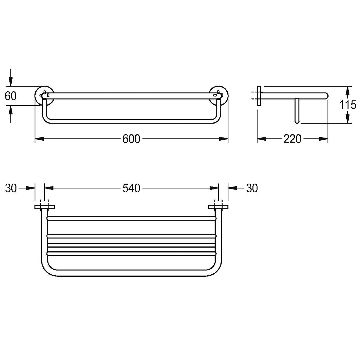 Technische Zeichnung einer rechteckigen Haltestange/Handtuchhalter mit Abmessungen: 600 mm breit, 220 mm tief, 115 mm hoch und 540 mm zwischen den Befestigungspunkten.
