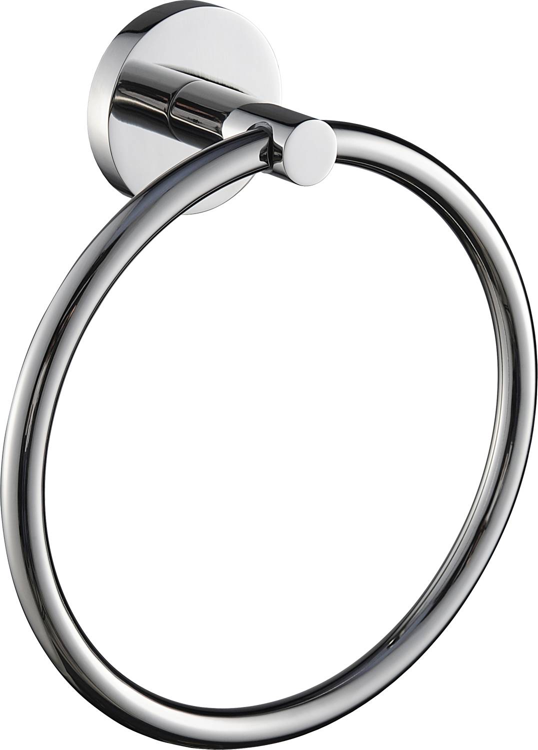 Ein Handtuchring aus Chrom mit kreisförmigem Design ist an einer Wand montiert und eignet sich zum Aufhängen von Handtüchern in einem Badezimmer.