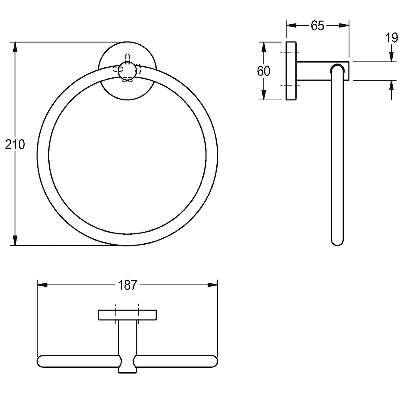 Technische Zeichnung eines kreisförmigen Ringzugriffes mit Befestigungsplatte, dargestellt in Front-, Seiten- und Draufsicht mit den Abmessungen 210, 187, 65, 60 und 19.