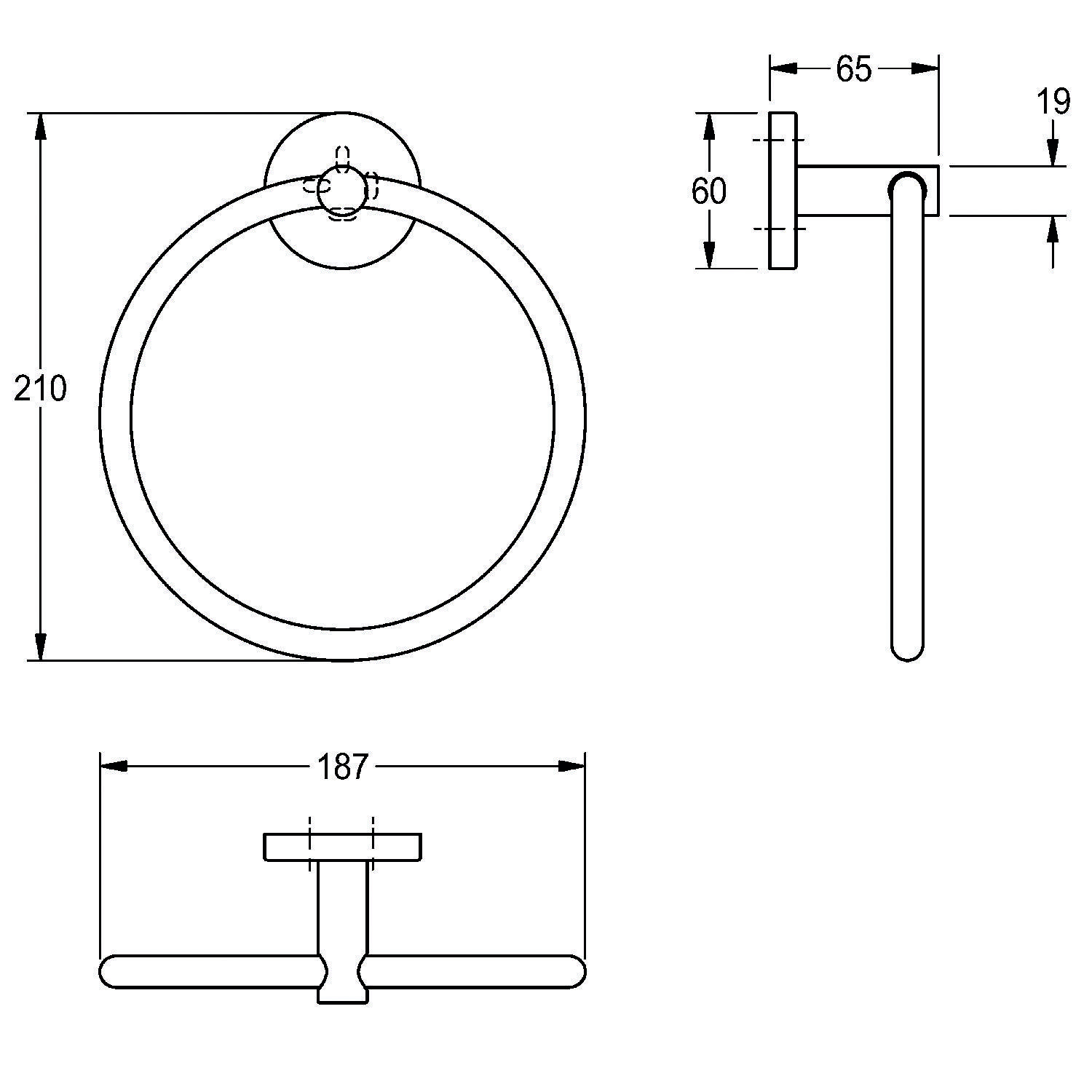 Technische Zeichnung eines kreisförmigen Handtuchringes mit Abmessungen: Durchmesser 210 mm, Tiefe 19 mm, Wandbefestigung 65 mm breit, Ringhalterung 187 mm.