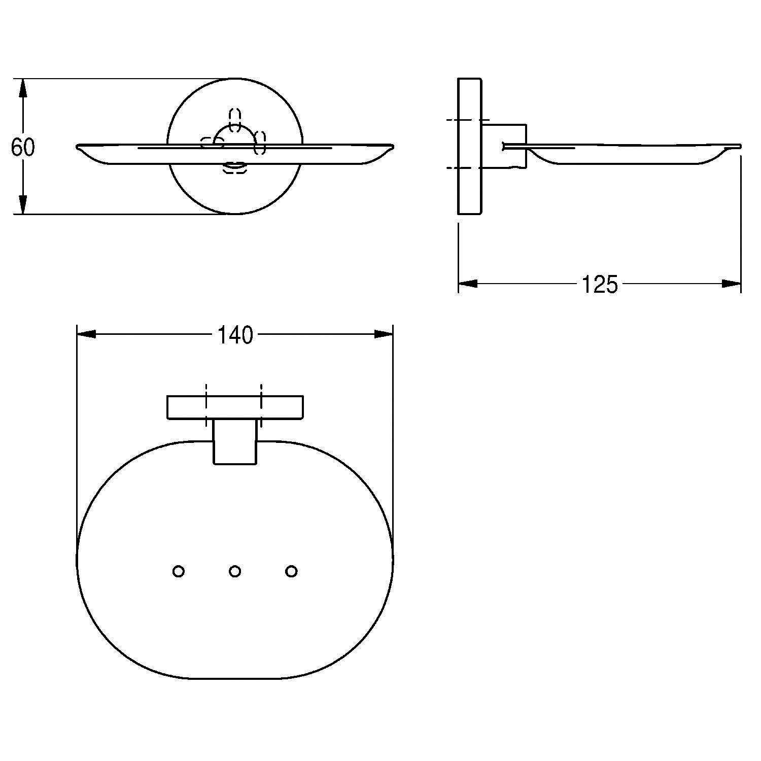 Wandmontierte ovale Seifenschale Abmessungen: 60 mm Höhe, 125 mm Tiefe, 140 mm Breite, Seiten- und Draufsicht dargestellt.
