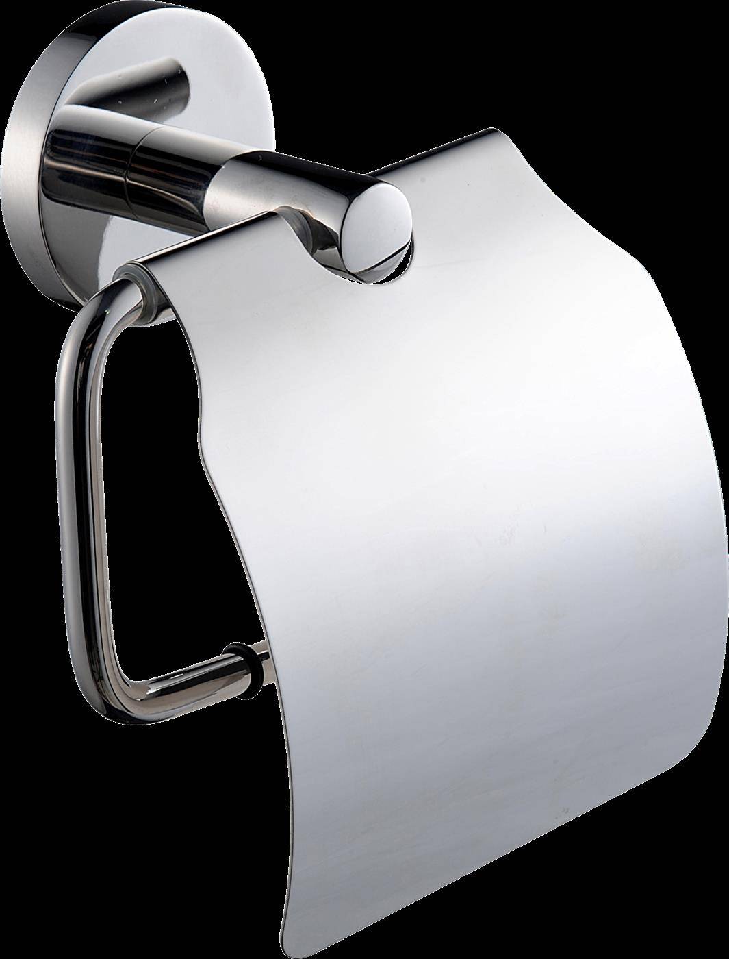 Chrom-Toilettenpapierhalter mit teilweise abgewickelter Rolle vor schwarzem Hintergrund.