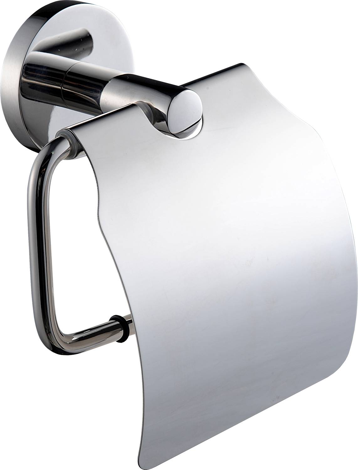 Ein glänzender metallischer Toilettenpapierhalter, an einer Wand montiert, mit einer Rolle weißem Toilettenpapier, wobei ein Teil des Papiers herunterhängt.