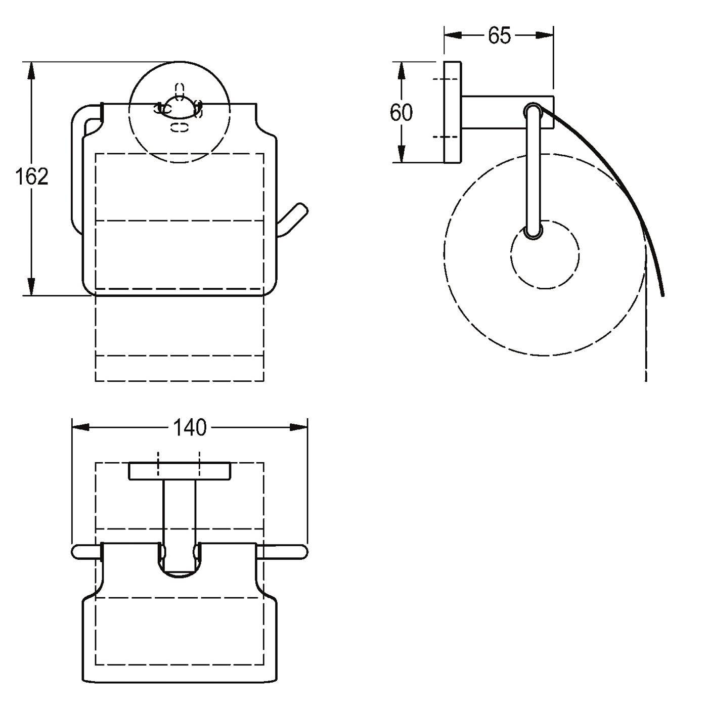 Technische Linienzeichnung einer wandmontierten Toilettenpapierhalterung, dargestellt in Front-, Seiten- und Draufsicht mit den Abmessungen 162, 140, 65 und 60.