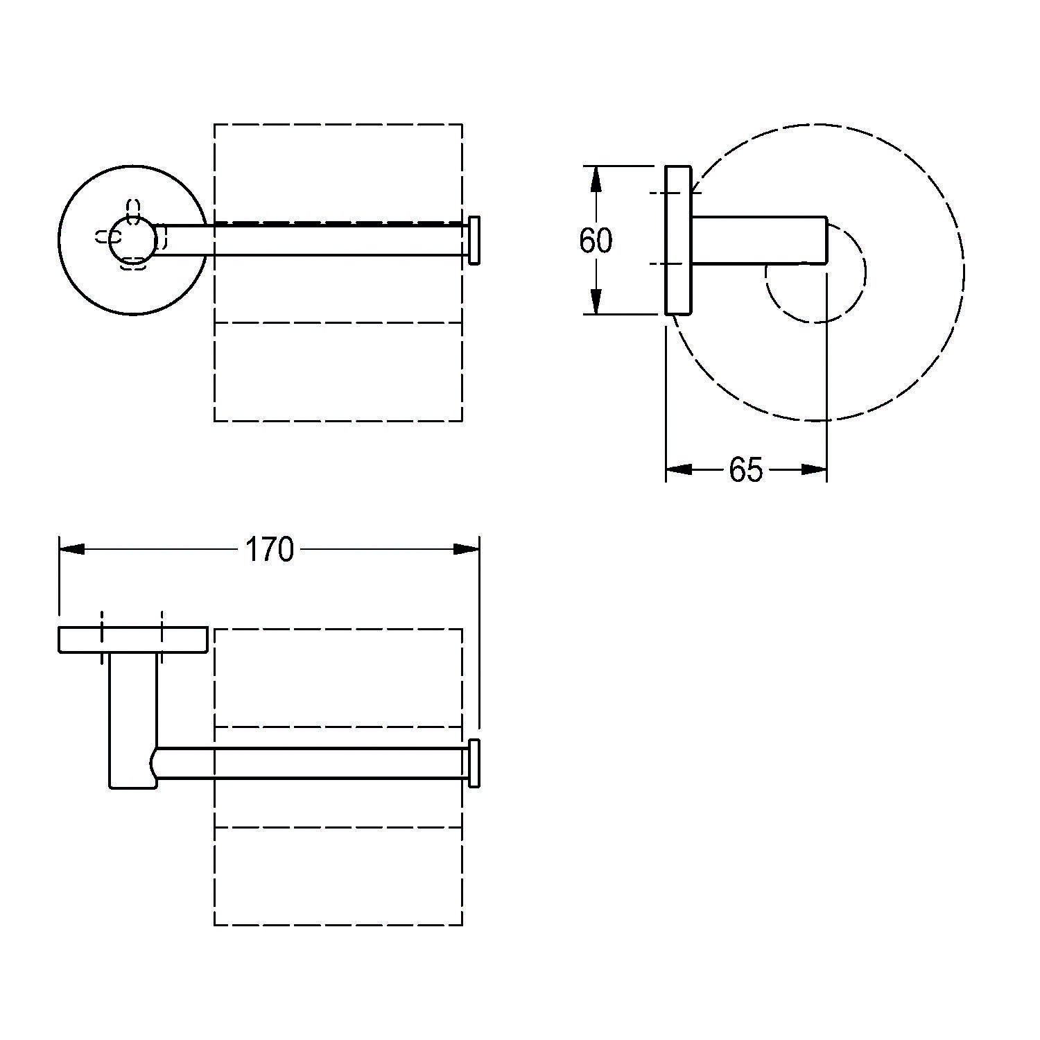Technische Zeichnung eines Wandhalters für Toilettenpapier. Seiten- und Draufsicht zeigen Abmessungen: 60 mm Höhe, 65 mm Breite, 170 mm Tiefe.