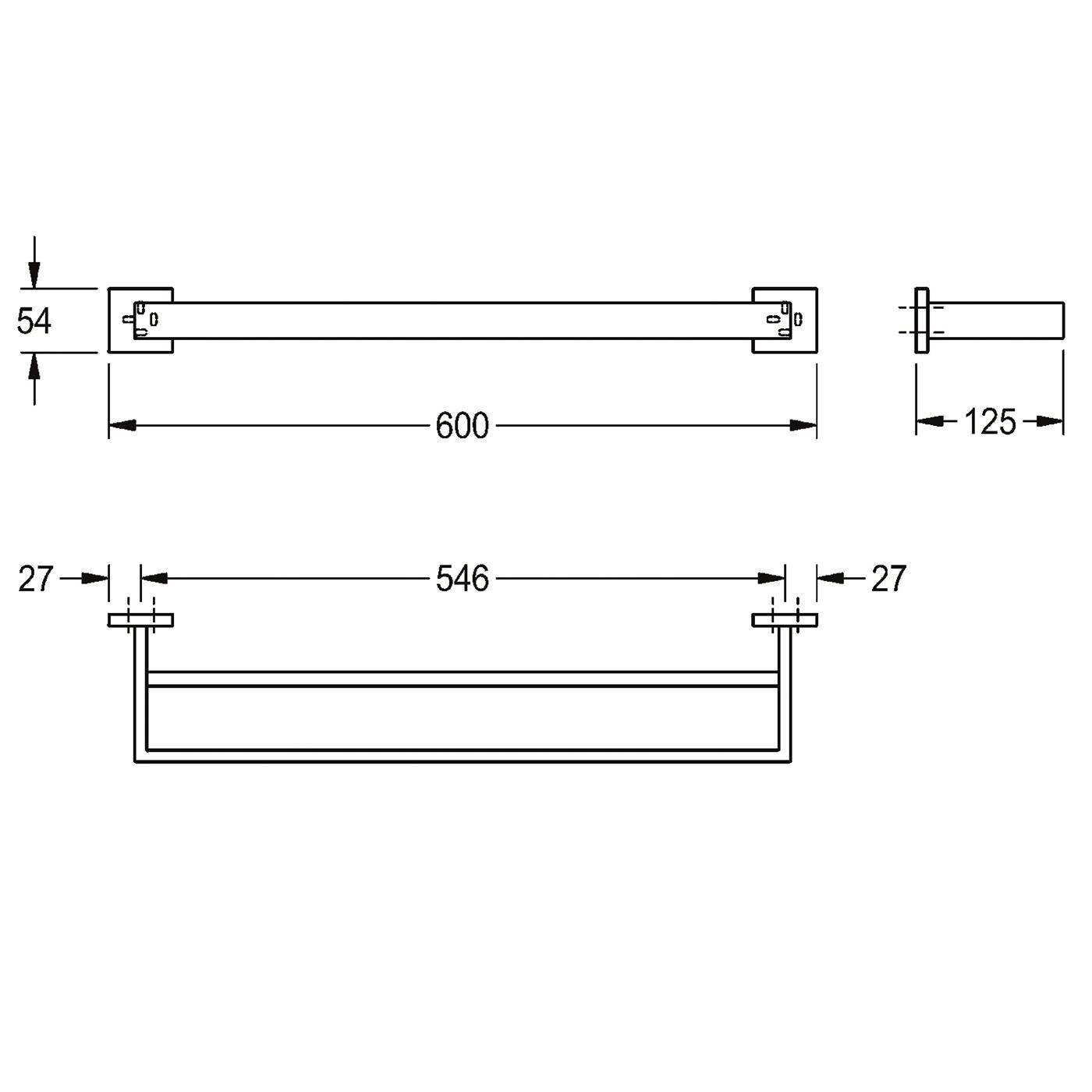 Technische Zeichnung eines rechteckigen Griffs/Stabes mit Vorder- und Seitenansicht mit den Maßen 600 mm Länge, 54 mm Höhe, 125 mm Tiefe und 546 mm Befestigungsspanne mit 27 mm Endversätzen.