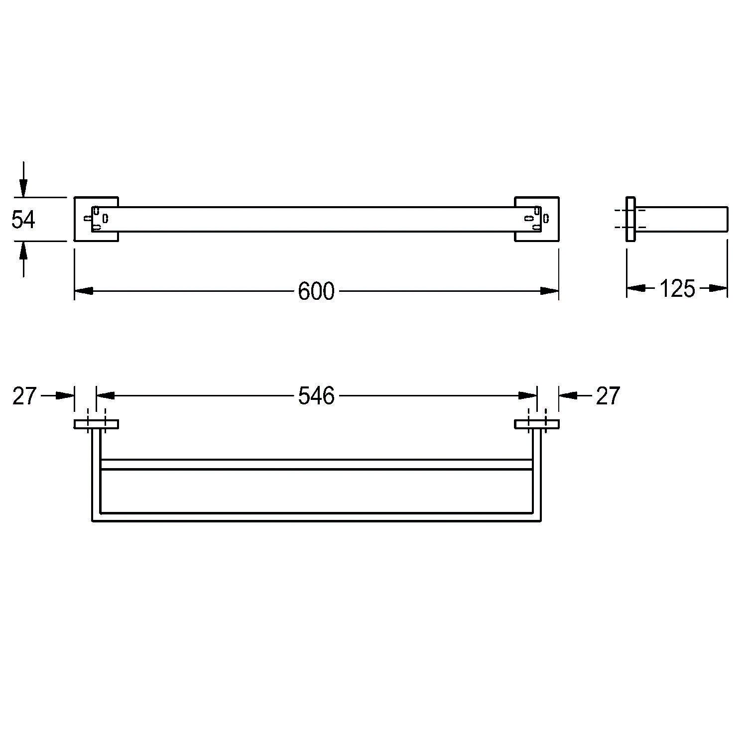 Diagramm einer rechteckigen Handtuchstange mit Abmessungen: Gesamtlänge 600 mm; Tiefe 125 mm; Stangenlänge 546 mm; Höhe 54 mm.