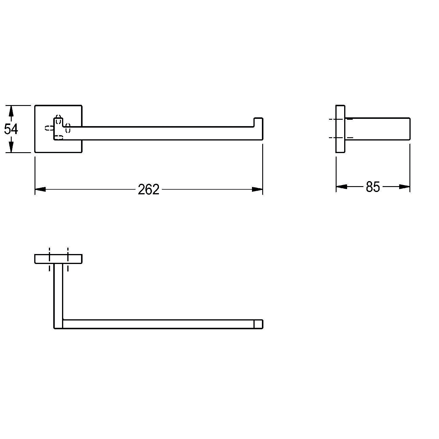 Diagramm einer Wandhalterung, Abmessungen: Breite 262 mm, Höhe 54 mm, Tiefe 85 mm. Front- und Seitenansicht dargestellt.
