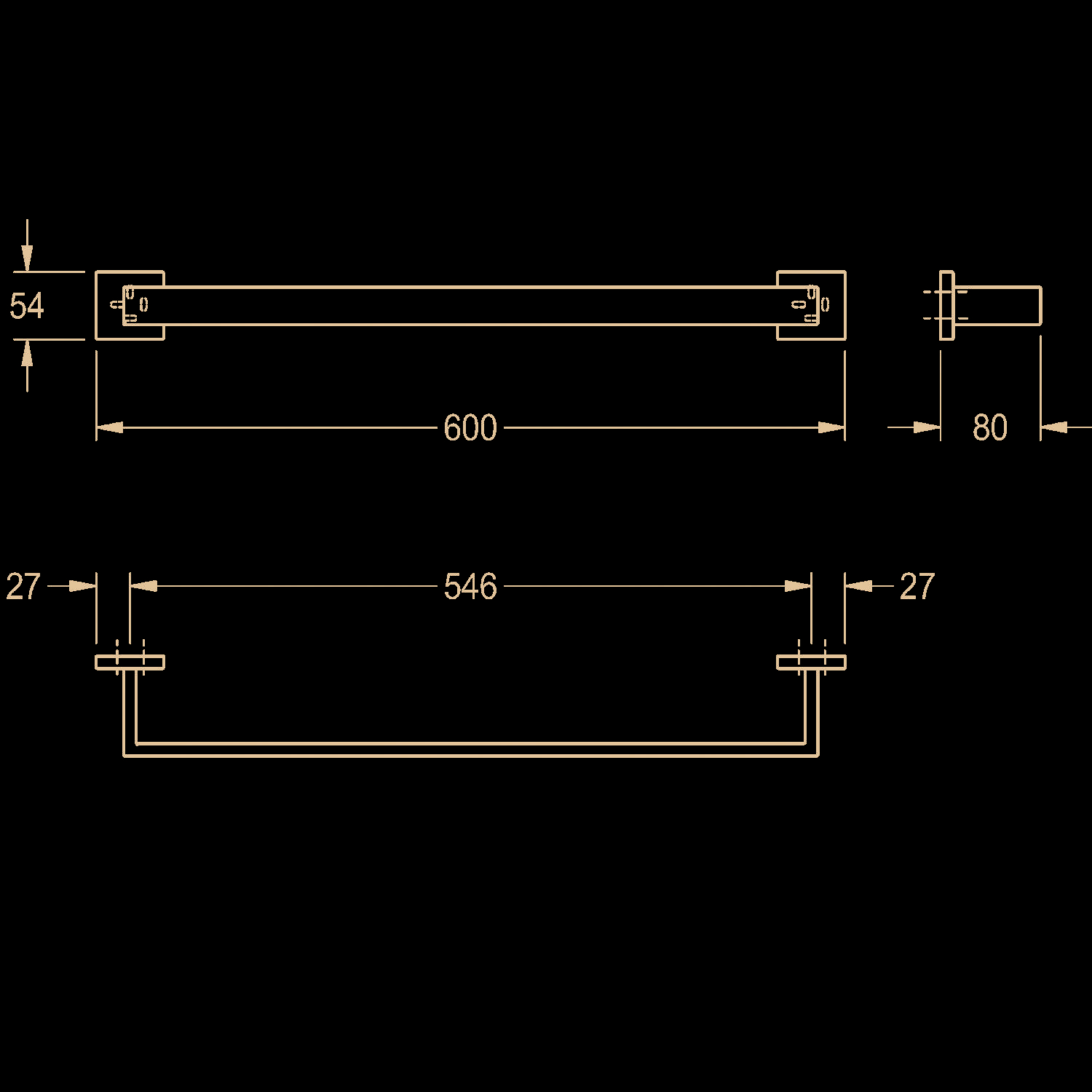 Technische Zeichnung einer Handtuchstange. Die Stangenlänge beträgt 600 mm, wobei die Befestigungshalterungen vertikal 54 mm und horizontal 546 mm auseinander liegen. Die Tiefe der Stange beträgt 80 mm.