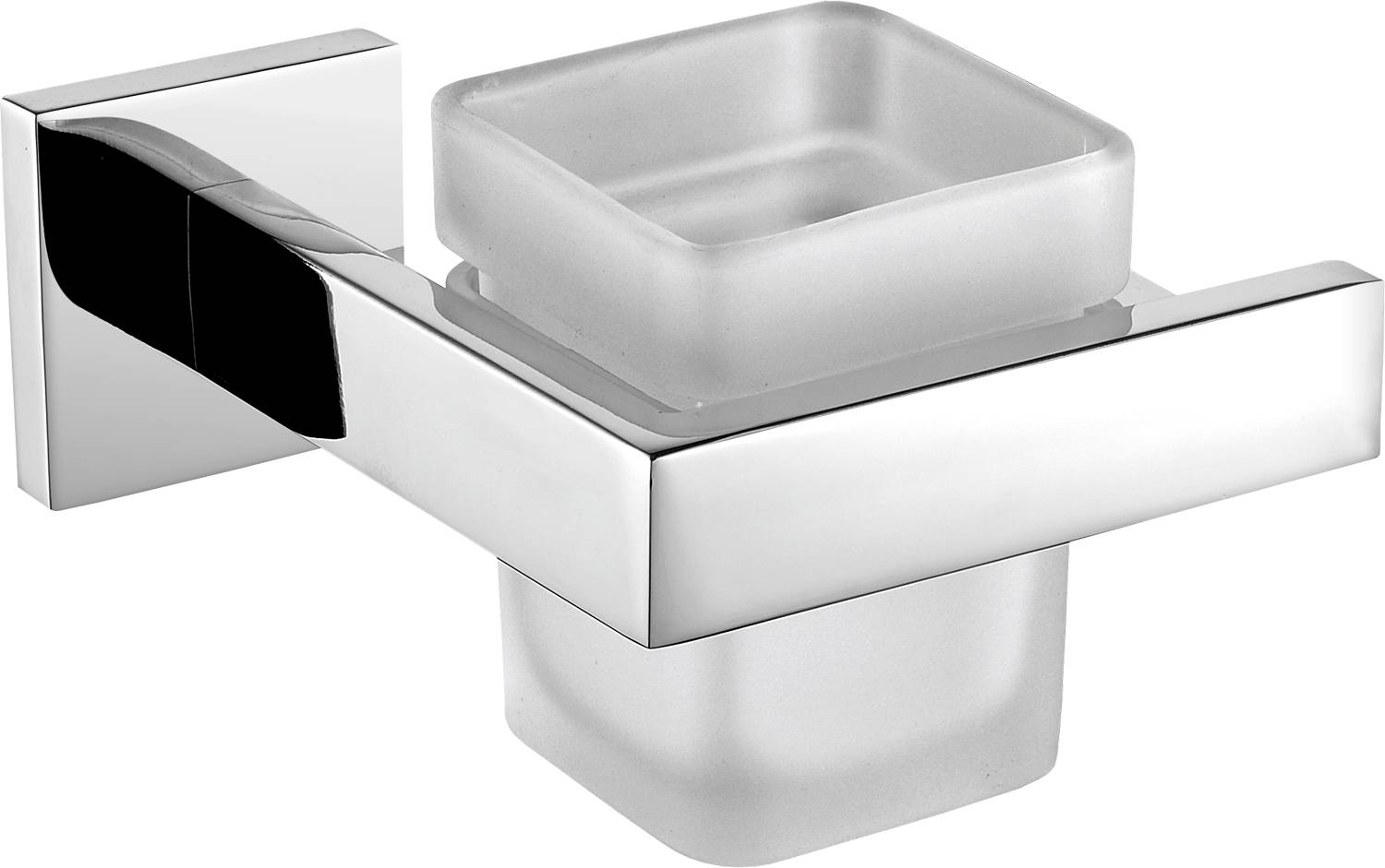Ein moderner, verchromter Wandseifenhalter mit einer Seifenschale aus Mattglas, konzipiert zum Halten einer kleinen Seife.