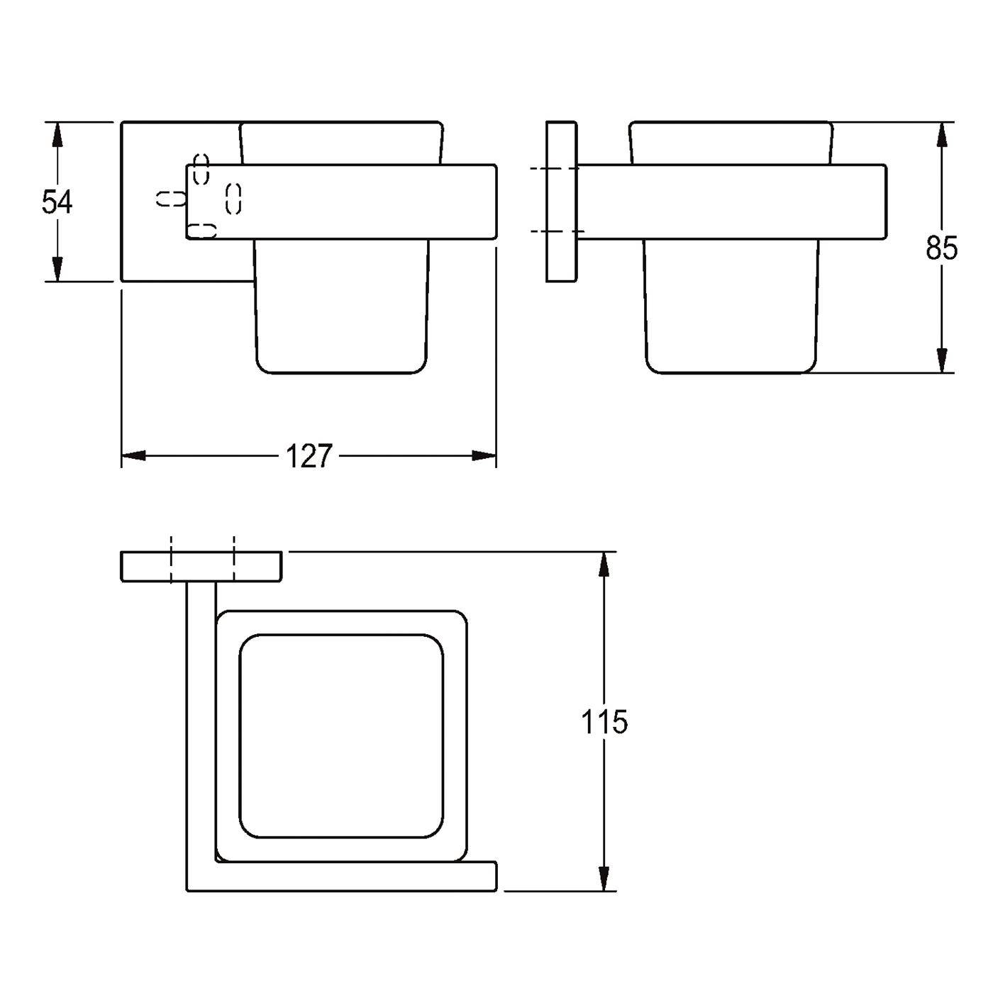 Technische Maßstabzeichnung einer Toilettenpapierhalterung in drei Ansichten mit den Abmessungen 127, 85, 115 und 54 mm.