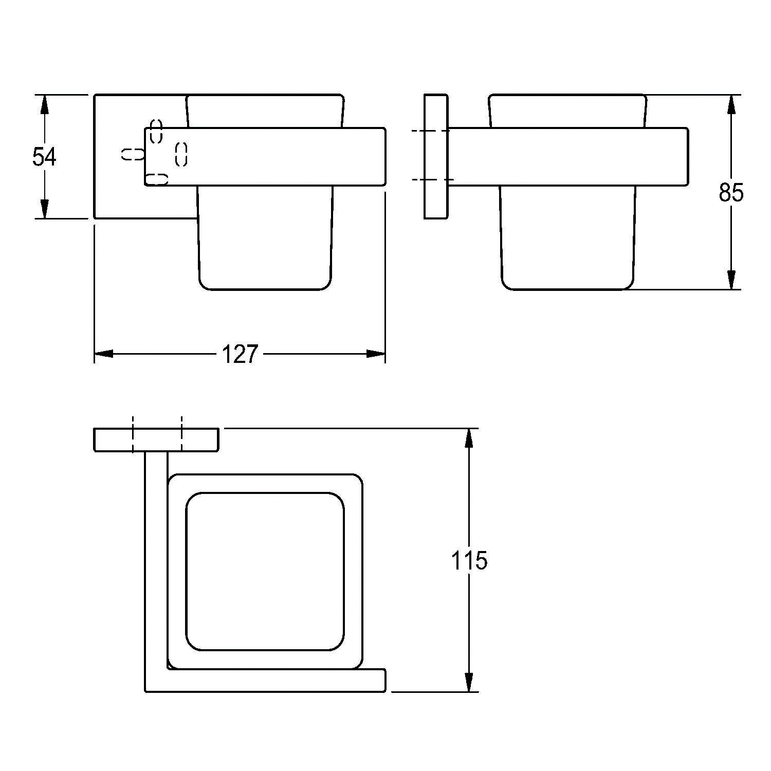 Technische Zeichnung eines wandmontiertenHalters mit Abmessungen: Breite 127mm, Höhe 85mm, Tiefe 54mm; Seitentiefe 115mm.