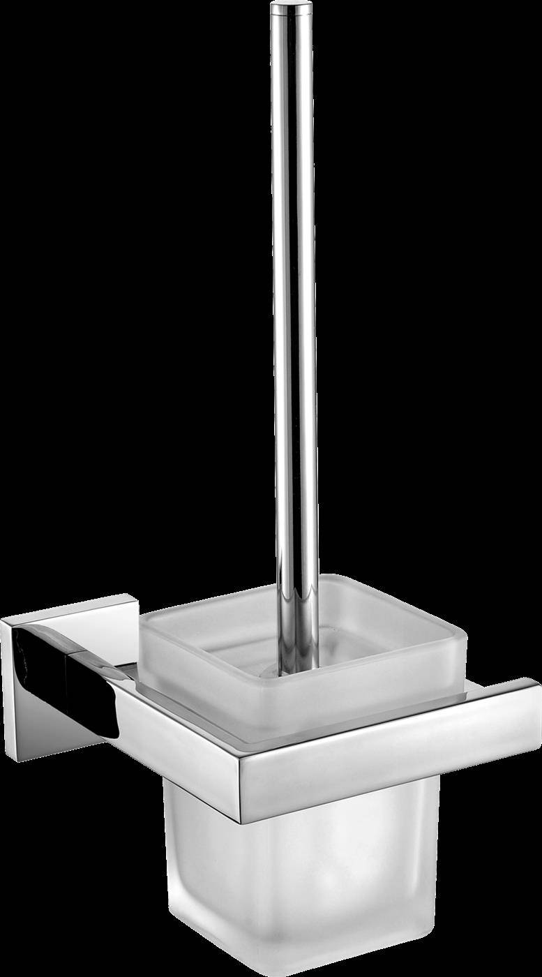 Edelstahltoilettenbürstenhalter mit mattiertem Glaspokala und vertikalem Griff auf schwarzem Hintergrund.