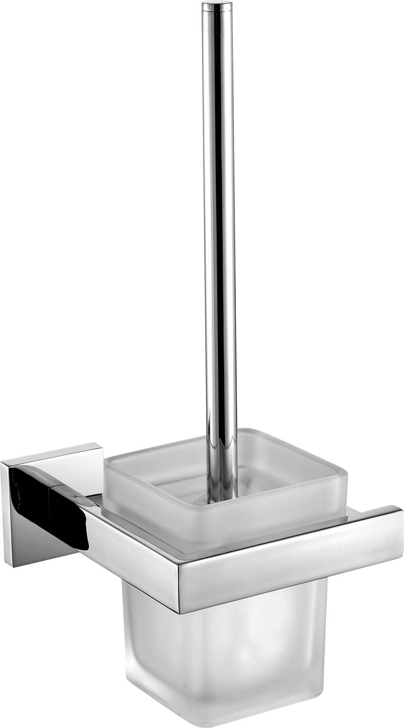 Quadratischer Zahnbürstenhalter mit einer Chromabdeckung und -säule, der einen mattierten Glasbecher hält.