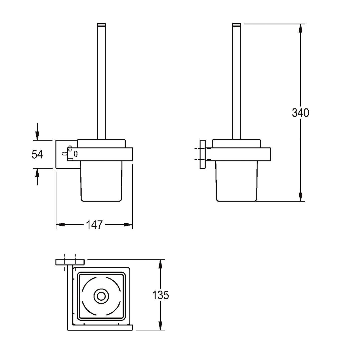 Technische Zeichnung einer wandmontierten Vorrichtung dargestellt in Vorder- und Seitenansicht mit Abmessungen von 147 mm Breite, 340 mm Höhe, 54 mm Versatz und 135 mm quadratischer Basis.