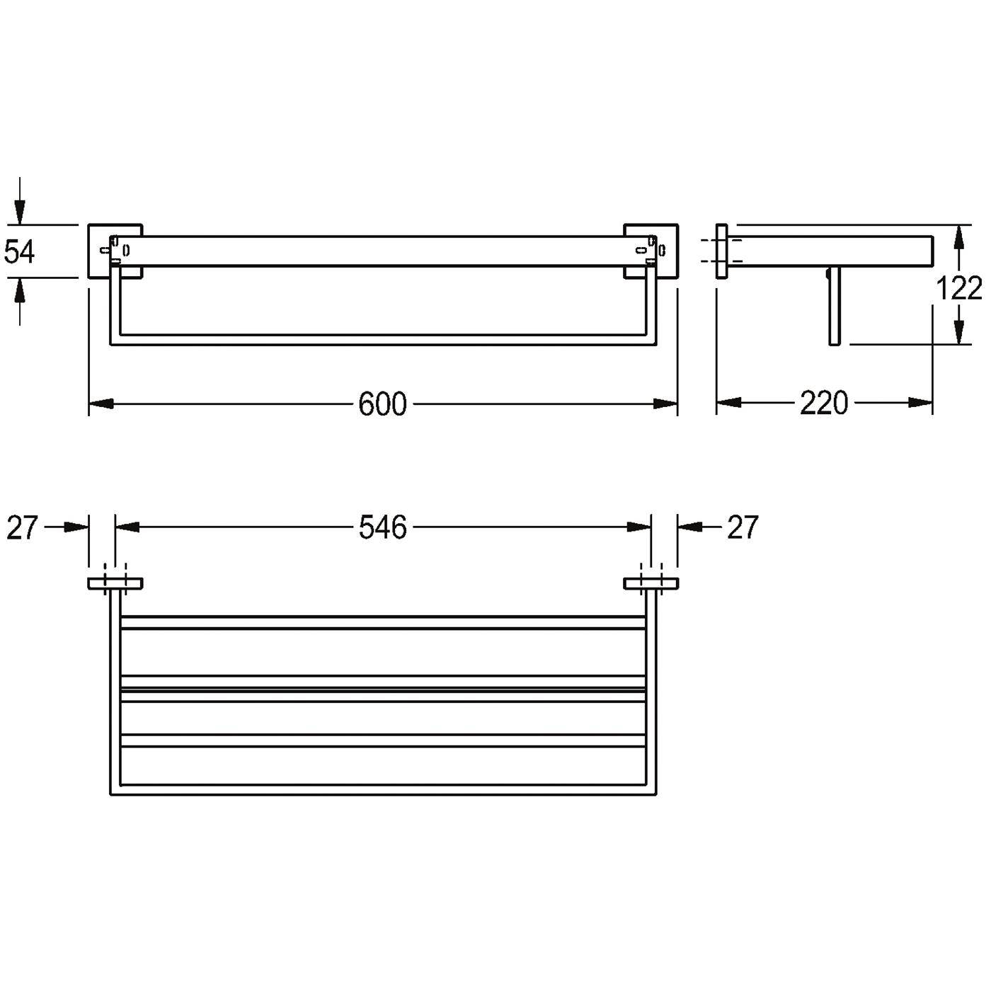 Technische Zeichnung einer wandmontierten Schiene oder eines Regalbrackets, das Front-, Seiten- und Draufsichten mit Abmessungen von 600, 220, 122, 546, 54 und 27 mm zeigt.