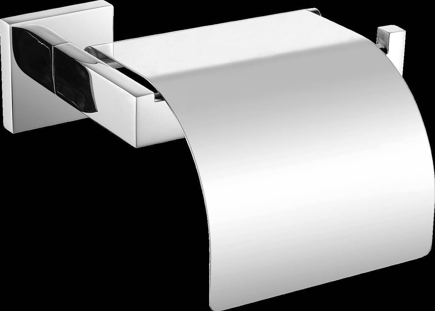 Wandmontierter Toilettenpapierhalter aus Chrom mit einer Papierrolle, die von einem gekrümmten Arm vor schwarzem Hintergrund hängt