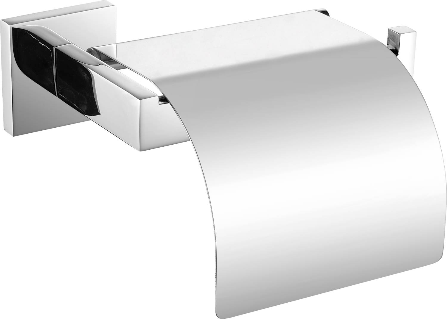 Ein schlanker, moderner Toilettenpapierhalter aus Chrom mit einem glatten, minimalistischen Design ist vor einem schwarzen Hintergrund montiert.