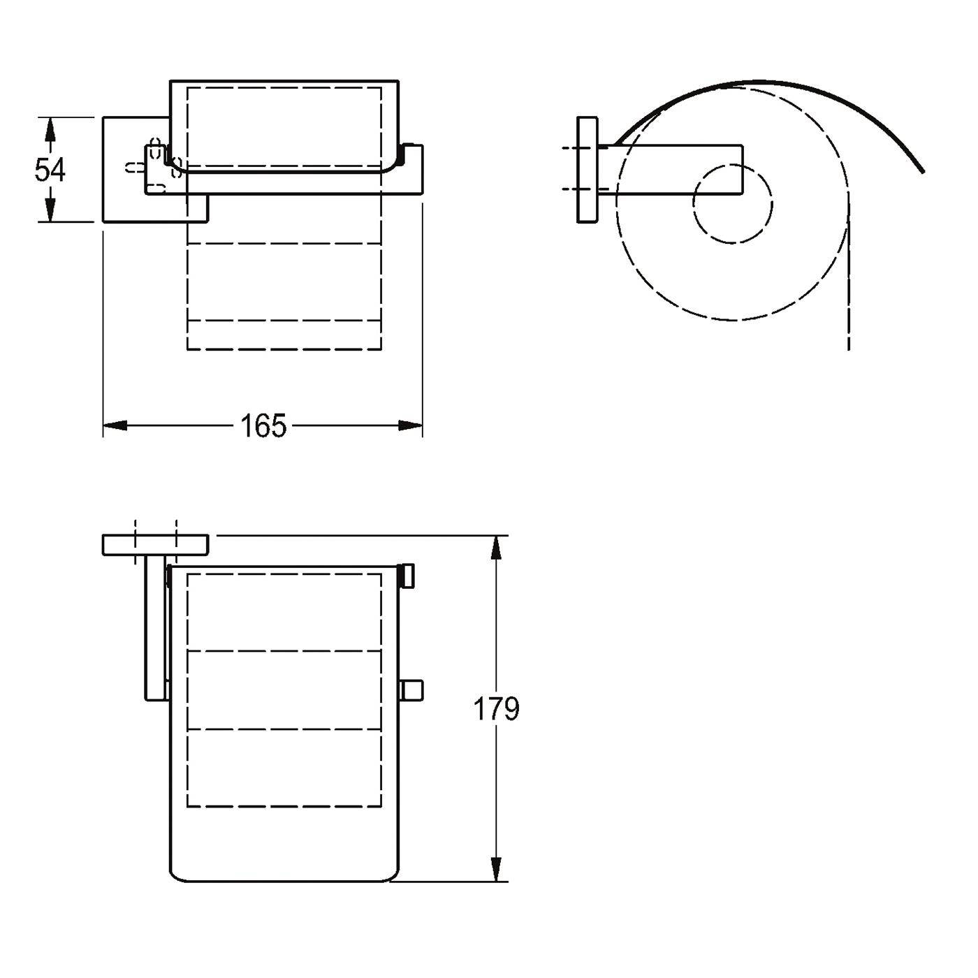 Technische Zeichnung eines zylindrischen Mechanismus mit Seiten- und Draufsicht, das Abmessungen von 165 mm Breite, 179 mm Höhe und 54 mm Tiefe zeigt.