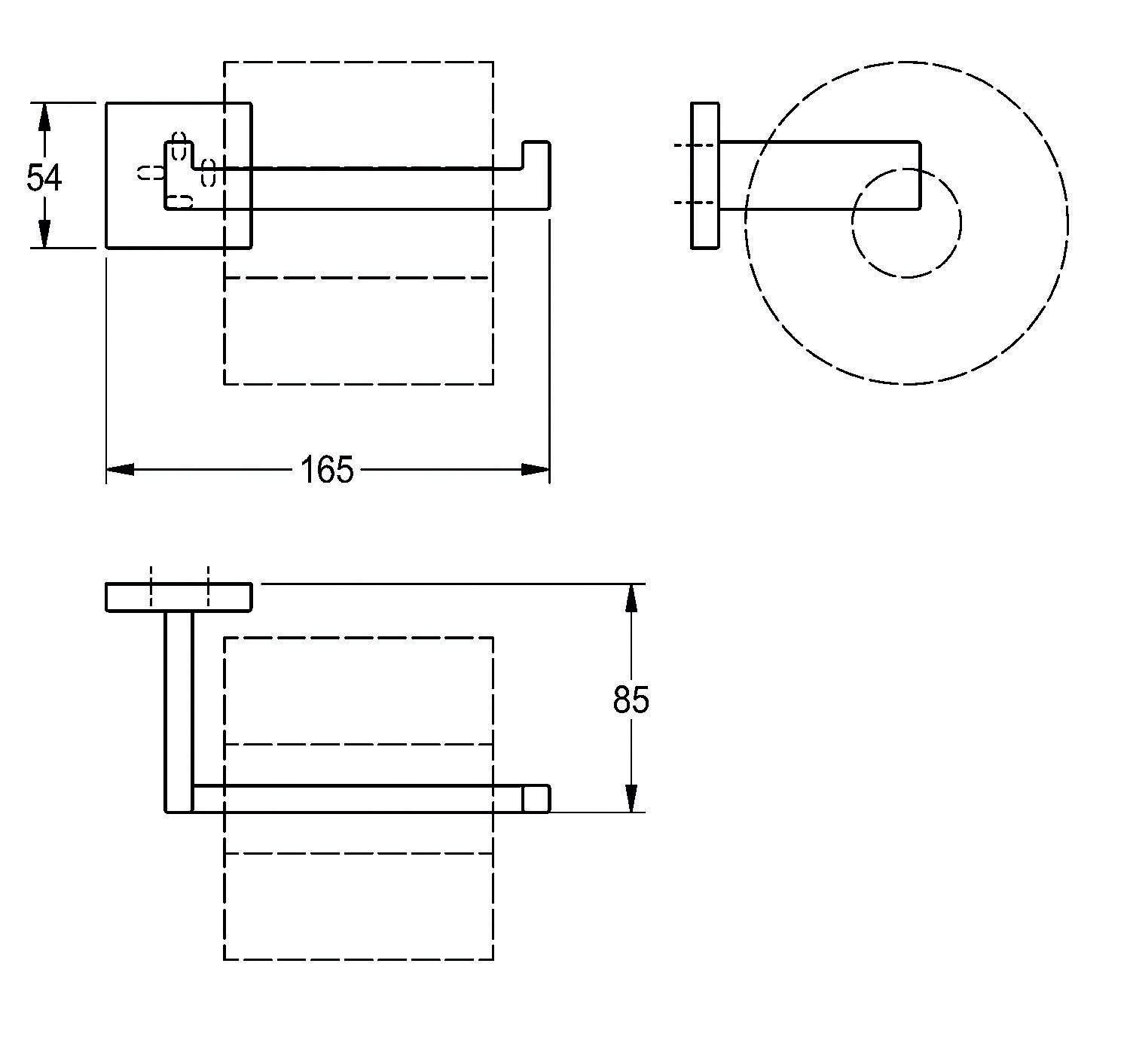 Technische Zeichnung eines wandmontiertes Toilettenpapierhalters mit Maßen: 165 mm Breite, 85 mm Höhe und 54 mm Tiefe.