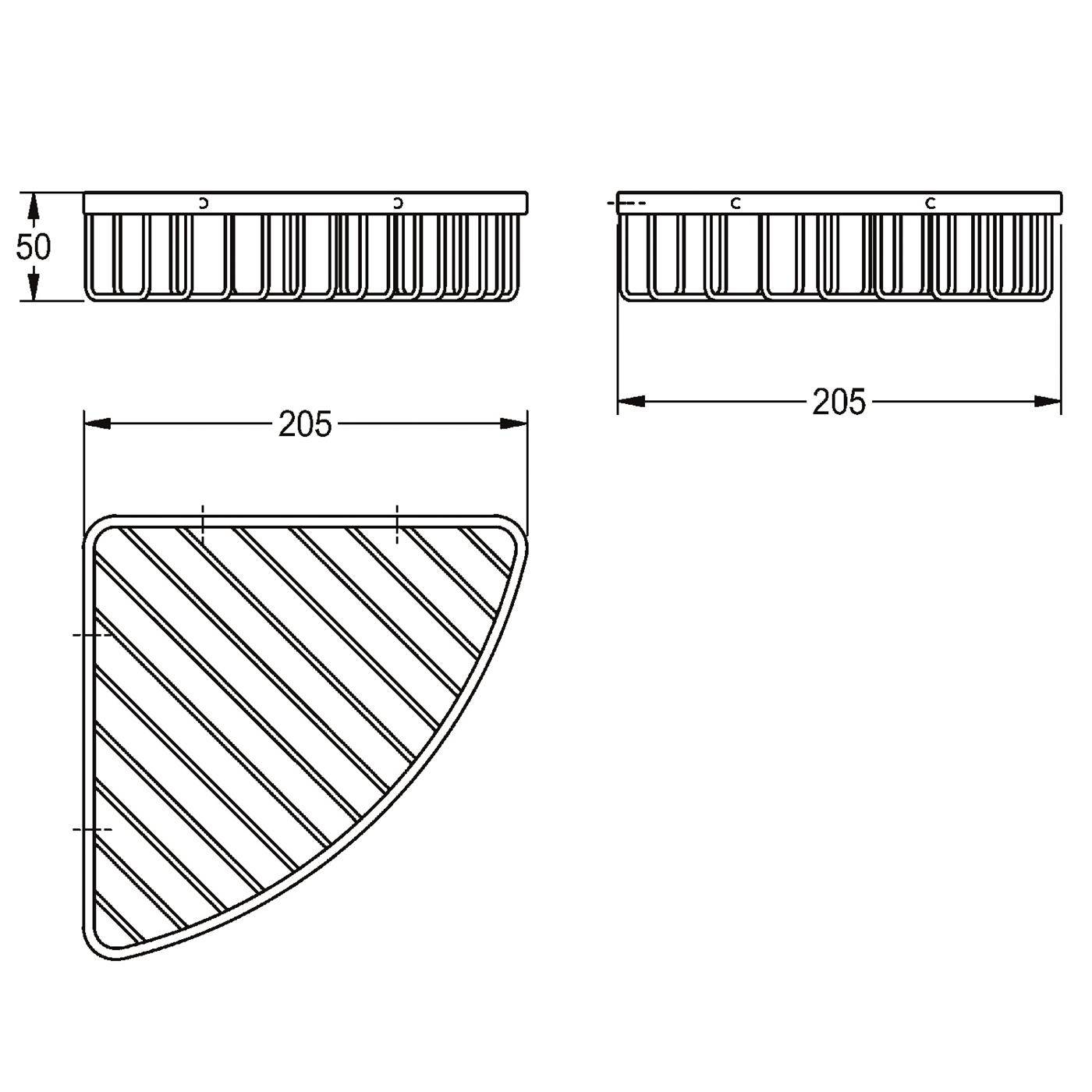 Technische Zeichnung eines abgerundeten Viertelbogen-Panels mit schraffiertem Inneren, Abmessungen 205 mm breit und 50 mm hoch, dargestellt in Seiten- und Draufsicht.