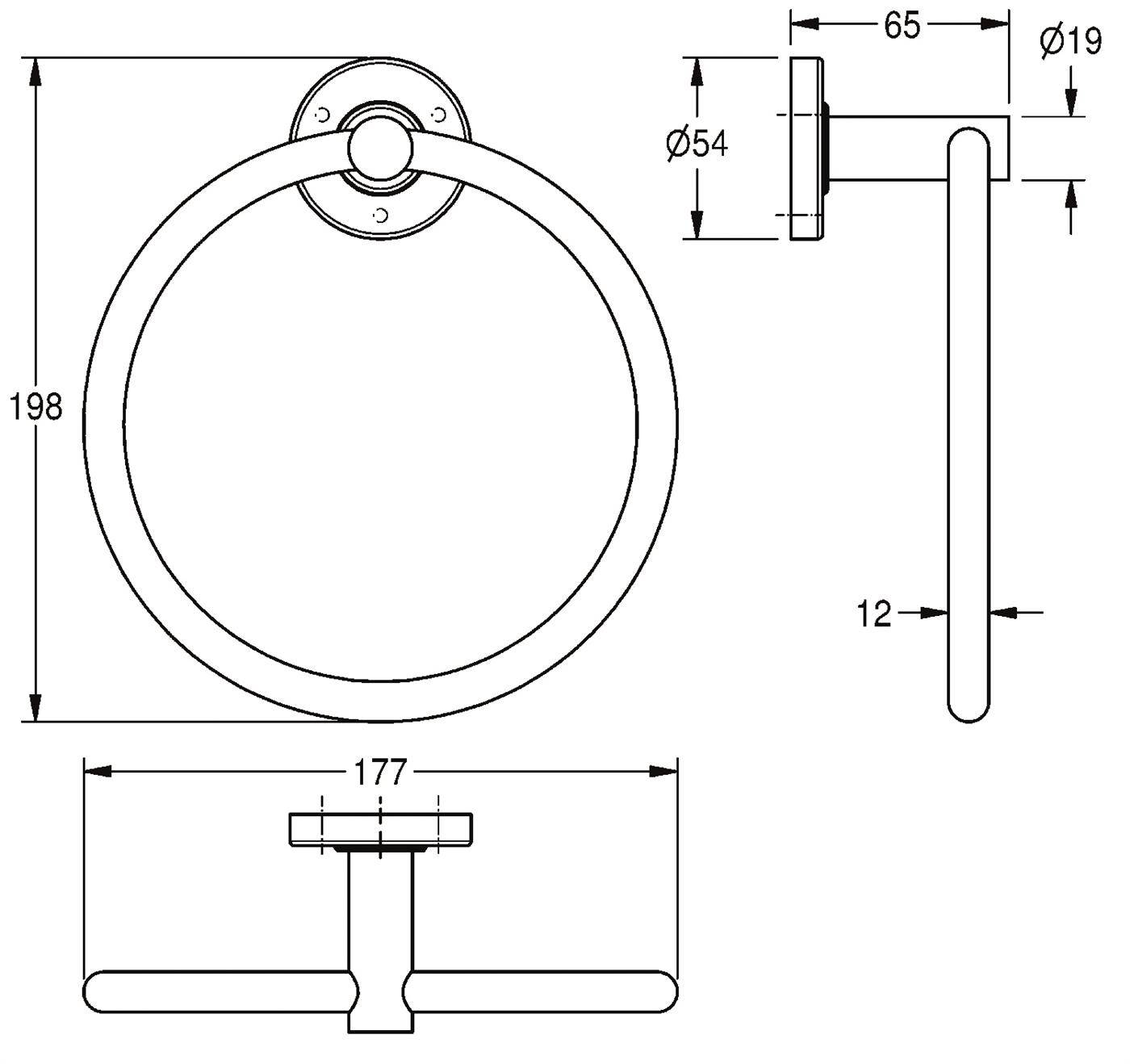 Technische Zeichnung eines wandmontierten ringförmigen Handtuchhalters mit Abmessungen: 198 mm Höhe, 177 mm Breite, 65 mm Ausladung, 54 mm Montage, 19 mm Stange, 12 mm Stärke.