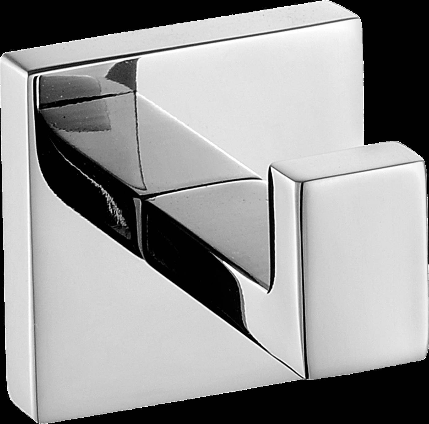 Verchromter Wandhaken mit quadratischer Basis und gebogenem zentralem Arm, isoliert auf weißem Hintergrund dargestellt.
