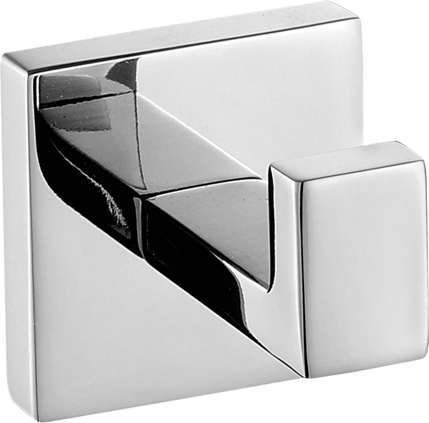 Ein glänzender, quadratischer Metallwandhaken mit einem schlanken, modernen Design, der das Licht reflektiert und zum Aufhängen von Gegenständen geeignet ist.