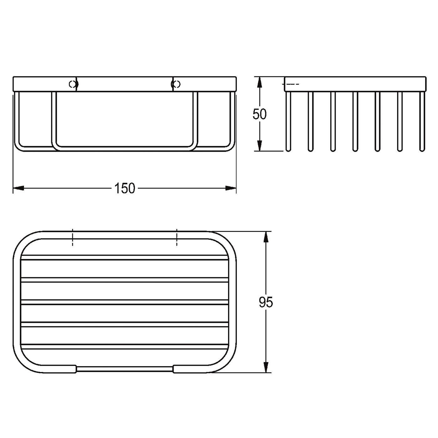 Technische Zeichnung eines rechteckigen Tabletts mit abgerundeten Ecken und geschlitzter Oberseite, dargestellt in Front-, Seiten- und Draufsicht mit den Abmessungen 150 x 95 x 50.