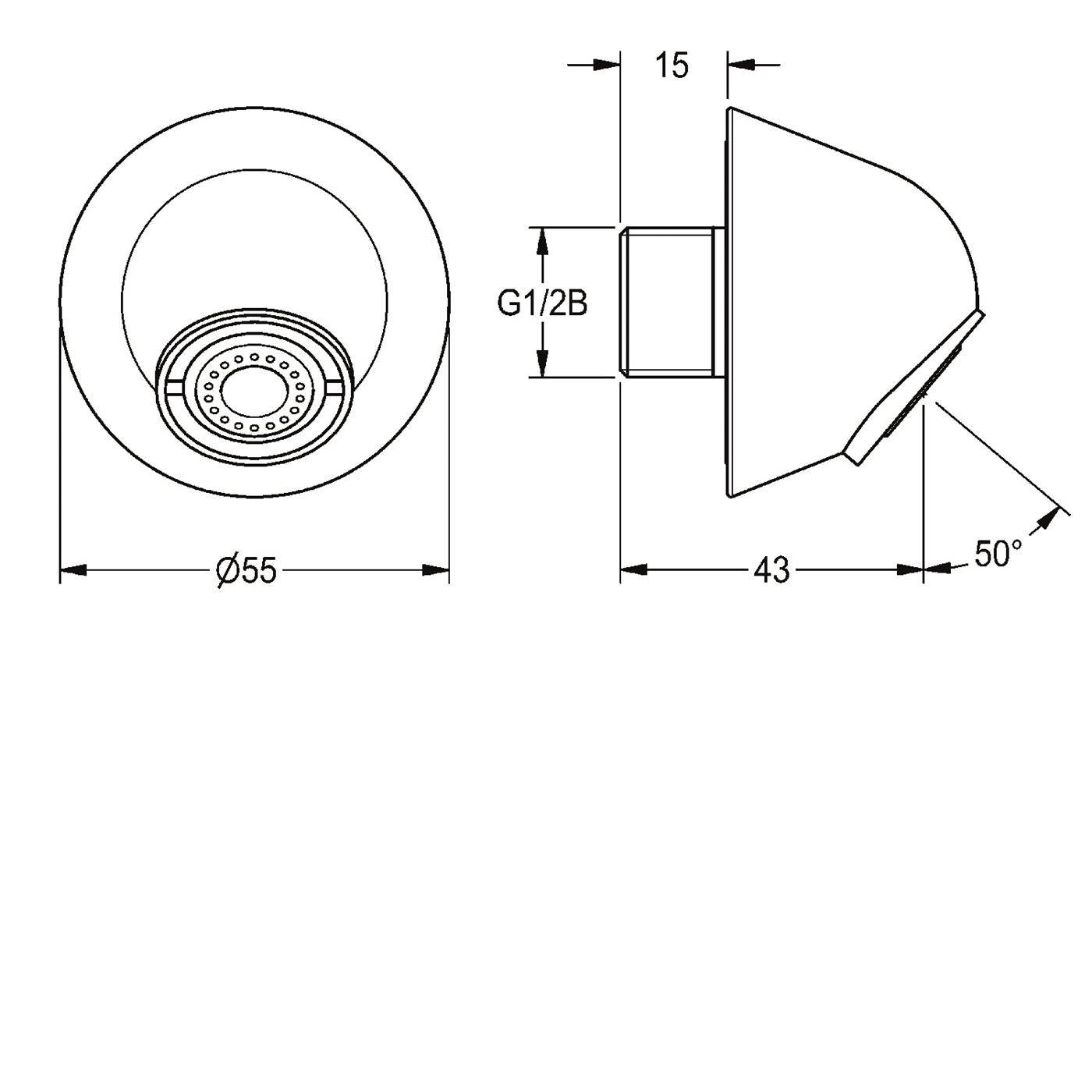 Technische Zeichnung eines runden Duschkopfs, die Vorder- und Seitenansicht mit Abmessungen Ø55, 43, 15, G1/2B und 50° Winkel zeigt.