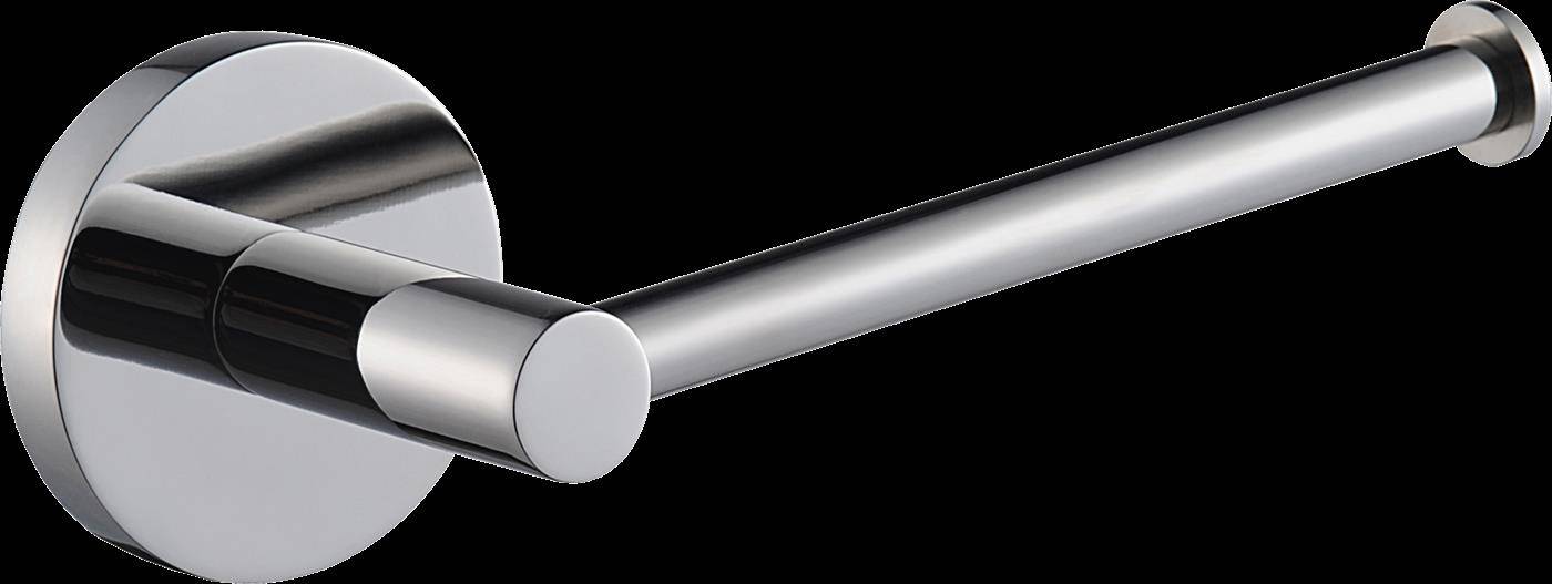 Wandmontierter Toilettenpapierhalter aus Chrom mit horizontaler Stange auf rundem Sockel vor schwarzem Hintergrund