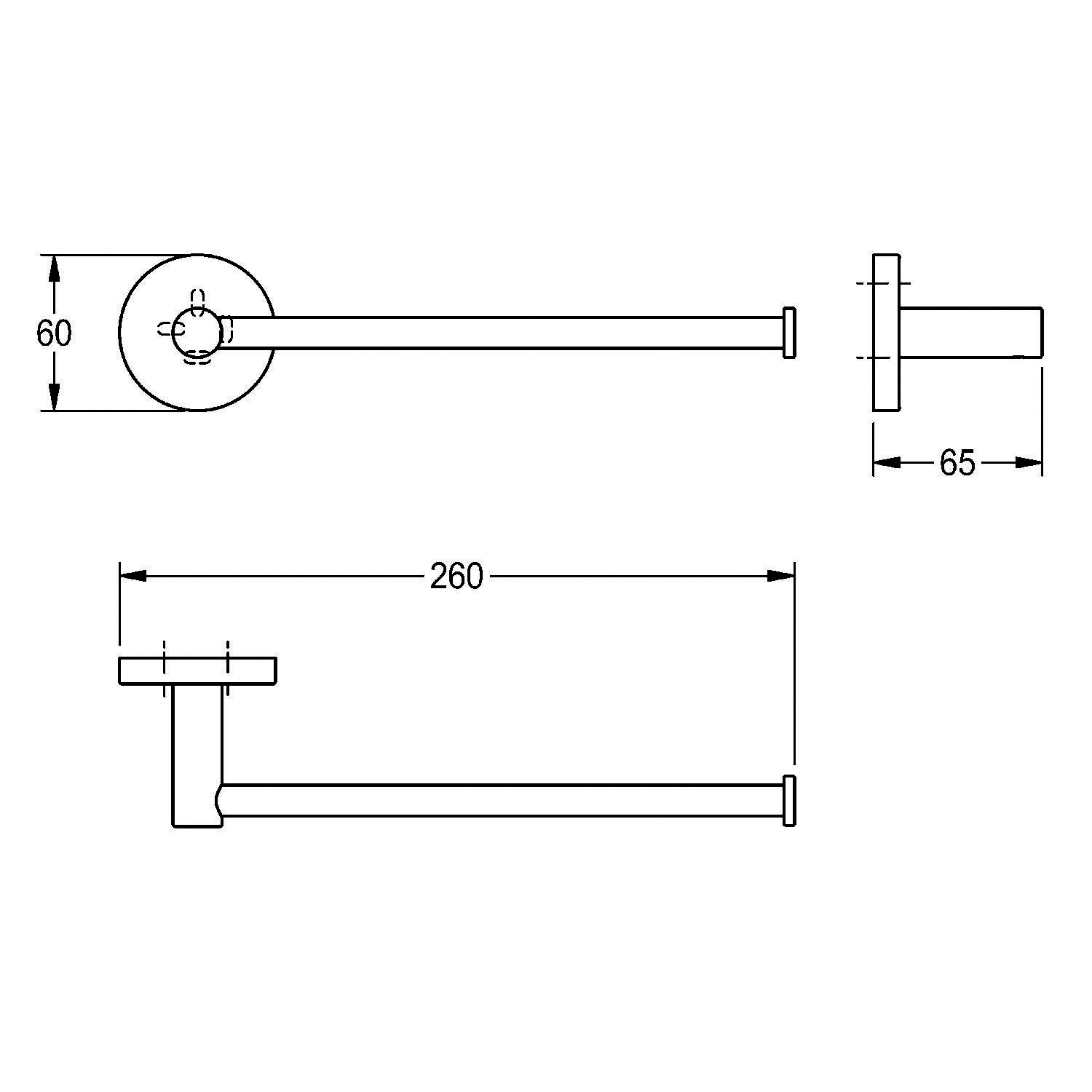 Technische Zeichnung eines wandmontierten Arms mit runder Grundplatte, Maße beschriftet: Basis 60 mm, Arm 260 mm und Seitenansicht 65 mm.