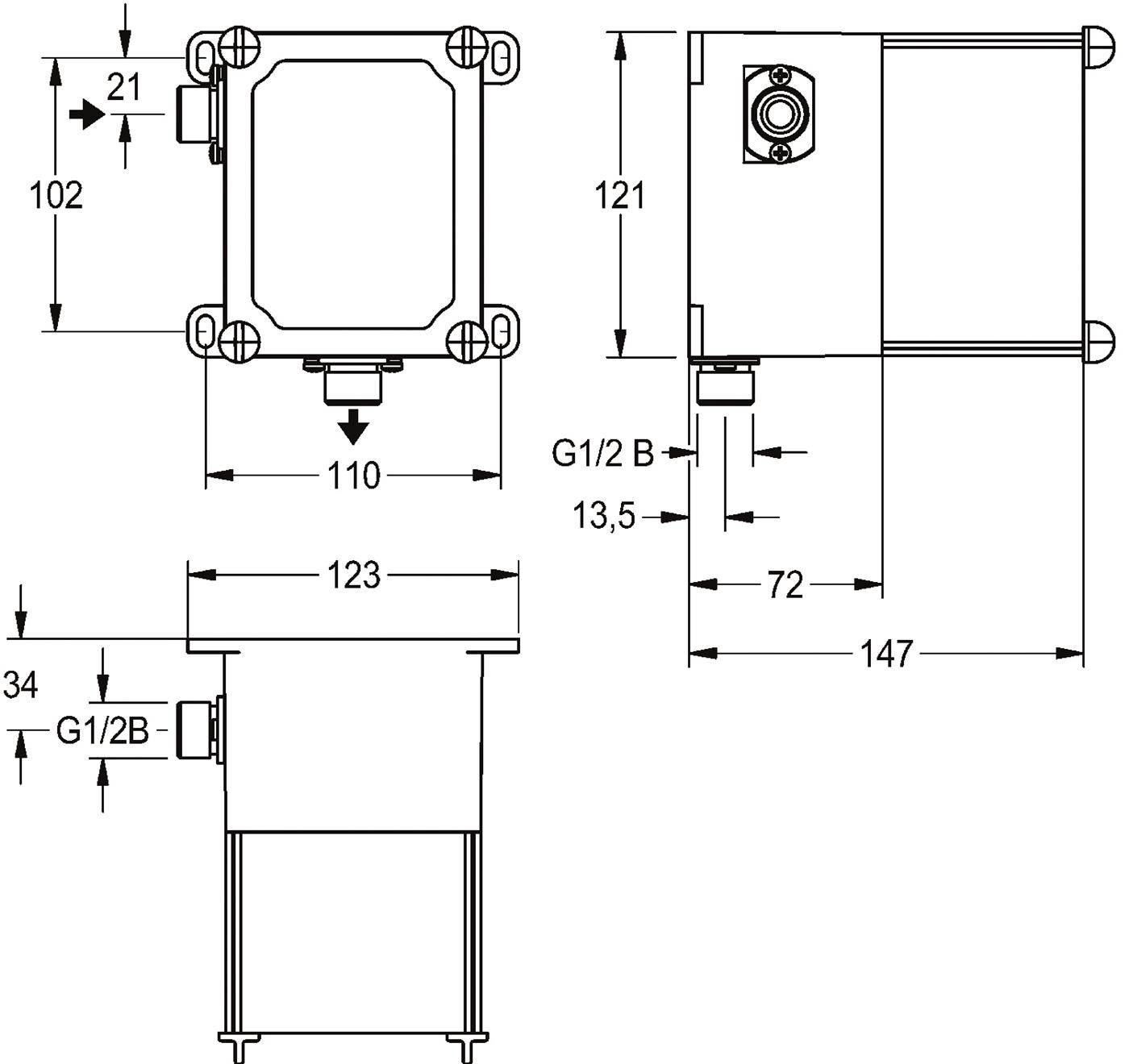 Technische Zeichnung eines rechteckigen mechanischen Gehäuses, dargestellt in Front-, Seiten- und Frontaufrissansichten mit beschrifteten Abmessungen und G1/2B-Anschlußpunkten.