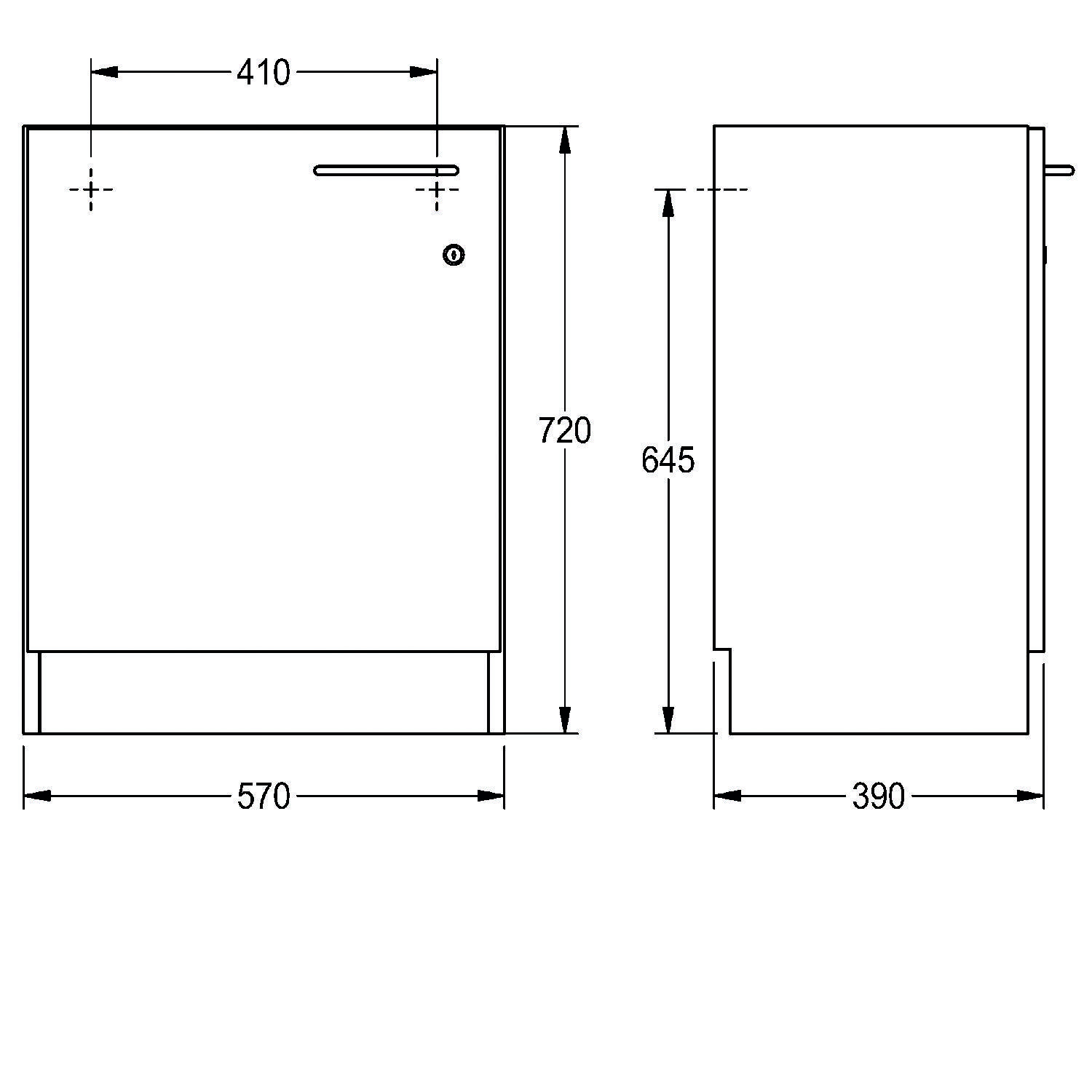 Technische Zeichnung einer Spülmaschine mit beschrifteten Abmessungen: 410 mm Breite, 570 mm Tiefe, 720 mm Höhe; seitliche Tiefe 390 mm, Höhe 645 mm.