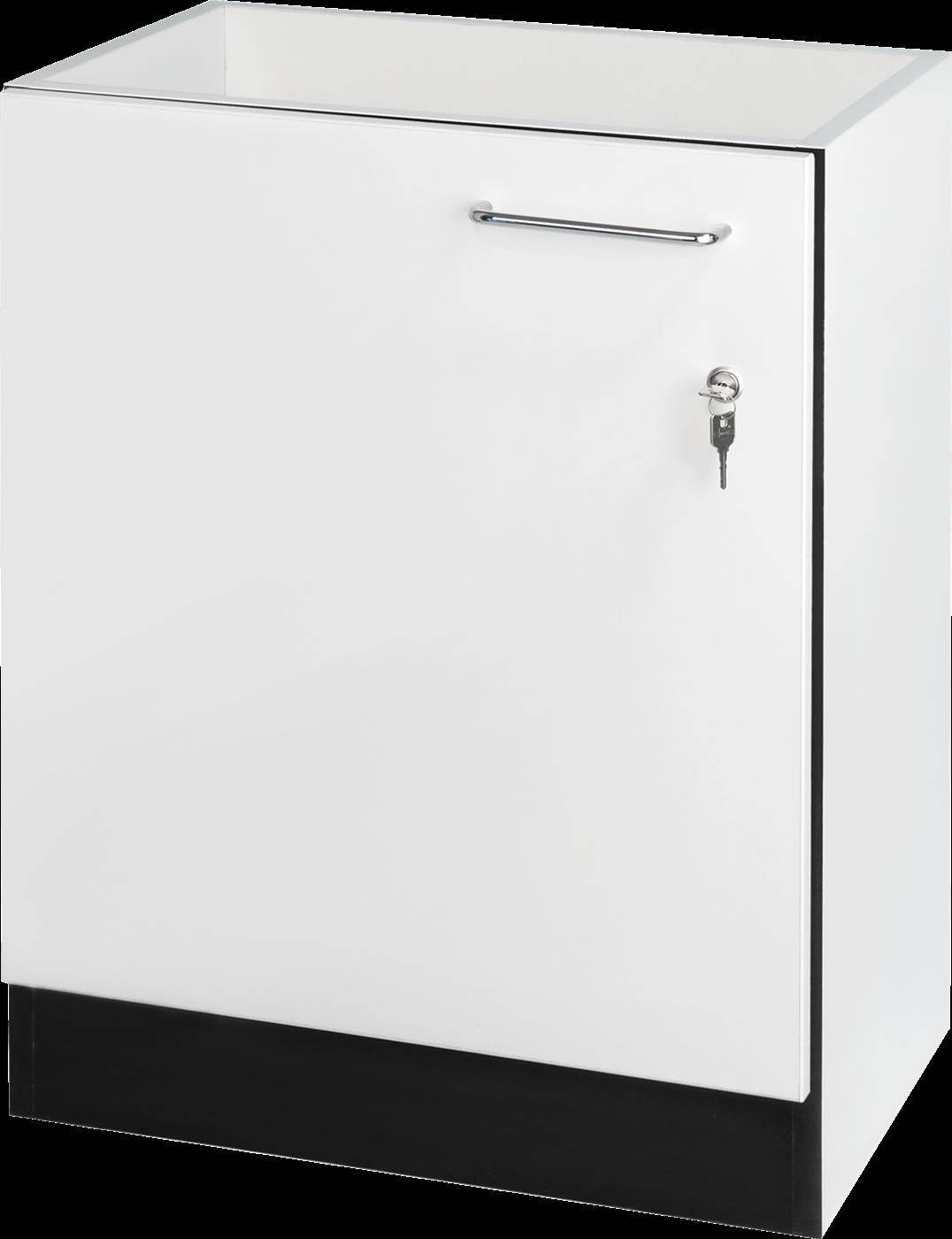 Weiß Unterbau-Kühlschrank oder Lagerschrank mit eintüriger Ausführung, horizontalem Griff und Schloss mit Schlüssel.