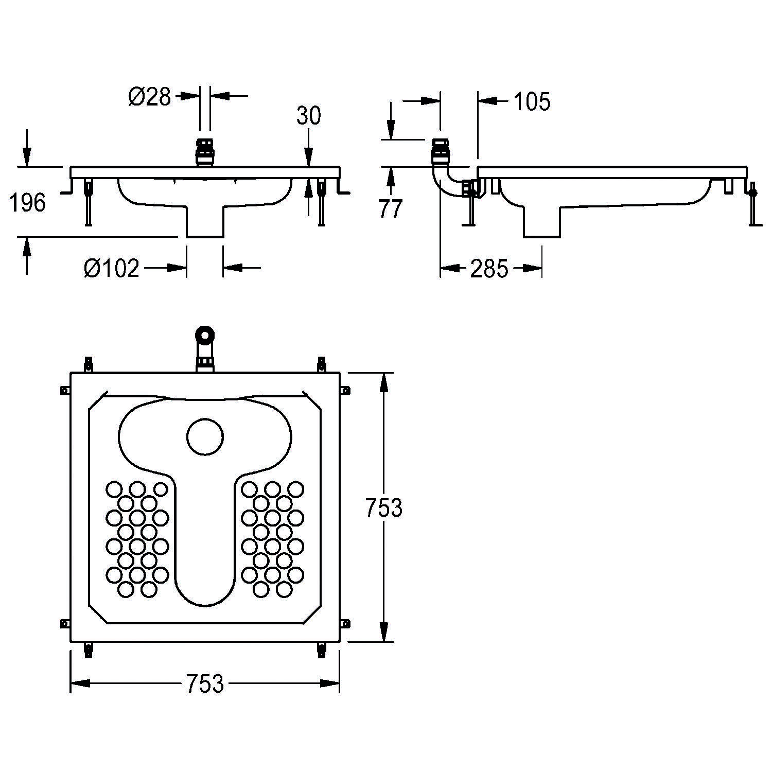 Technische Zeichnung eines quadratischen Duschbeckens mit Ablauf. Maße: 753 mm x 753 mm, Tiefe 196 mm und Außenkreisdurchmesser 102 mm.