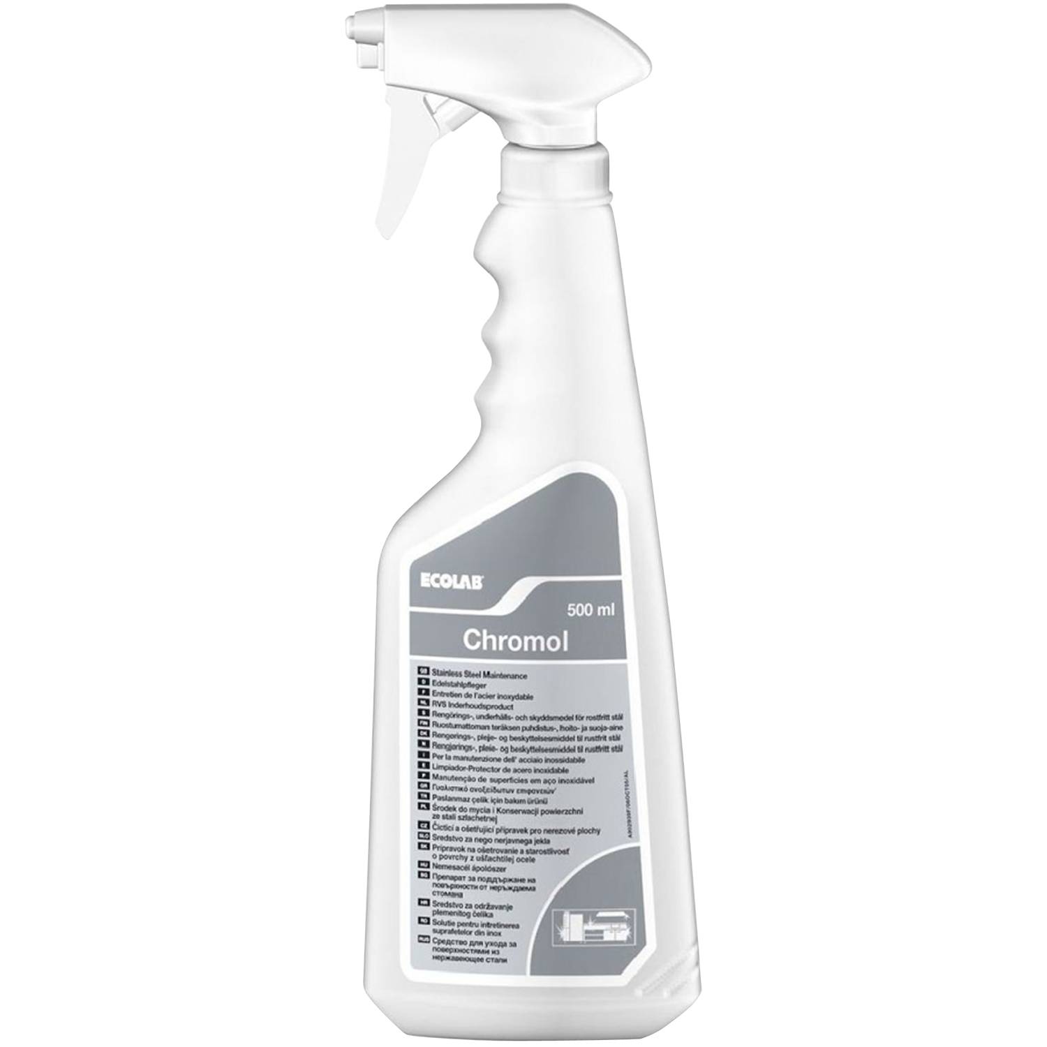 Flasche 'Ecolab Chromol', 500 ml, mit Sprühaufsatz, zur Reinigung und Desinfektion von Oberflächen.