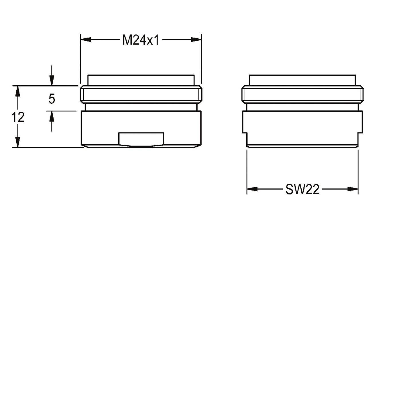 Technische Zeichnung eines zylindrischen Gewindeteils mit den Abmessungen M24x1, Höhe 12, Querschnitt 5 mm und Schlüsselweite SW22.