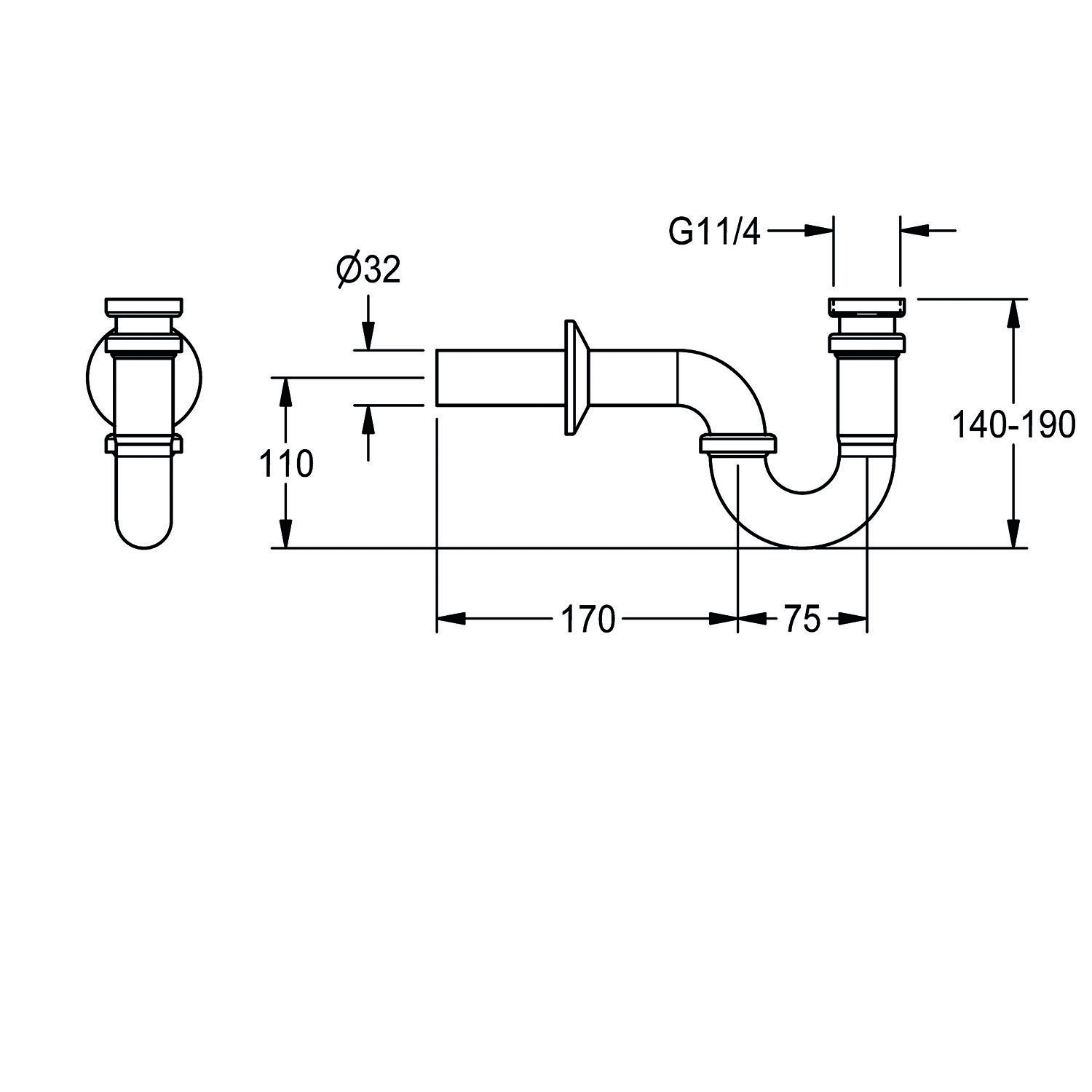 S' Rohrfalle Klempnerzeichnung mit Abmessungen: Höhe 110 mm und 140-190 mm; Länge 170 mm und 75 mm; Durchmesser Ø32 mm; Gewinde G11/4.