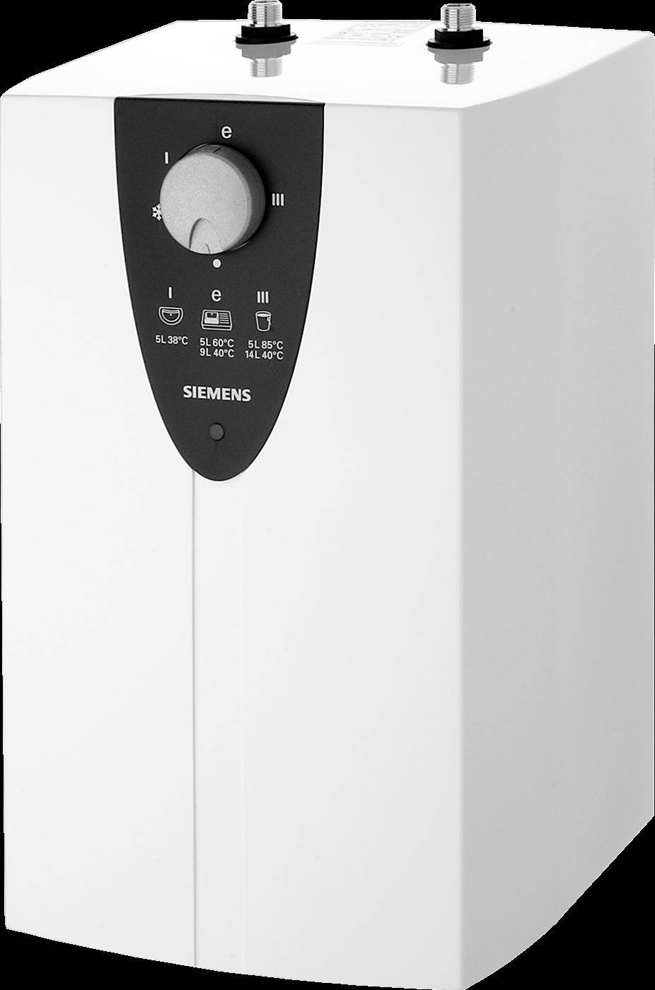 Weiße an der Wand montierte Siemens-Elektrospeicher mit Temperaturreglerdrehknopf an der Vorderseite und Statusmarkierungen.