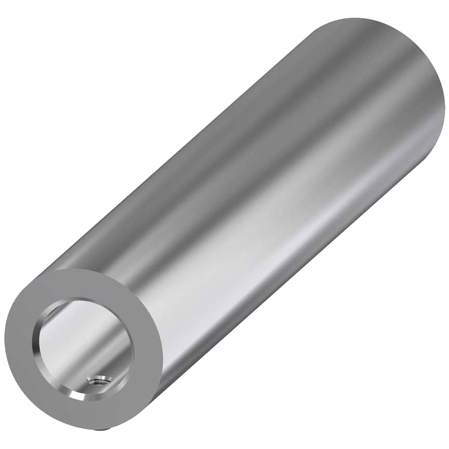 Metallzylinder mit einem hohlen Zentrum, auf einem schwarzen Hintergrund dargestellt, der seine Struktur und sein Material veranschaulicht.