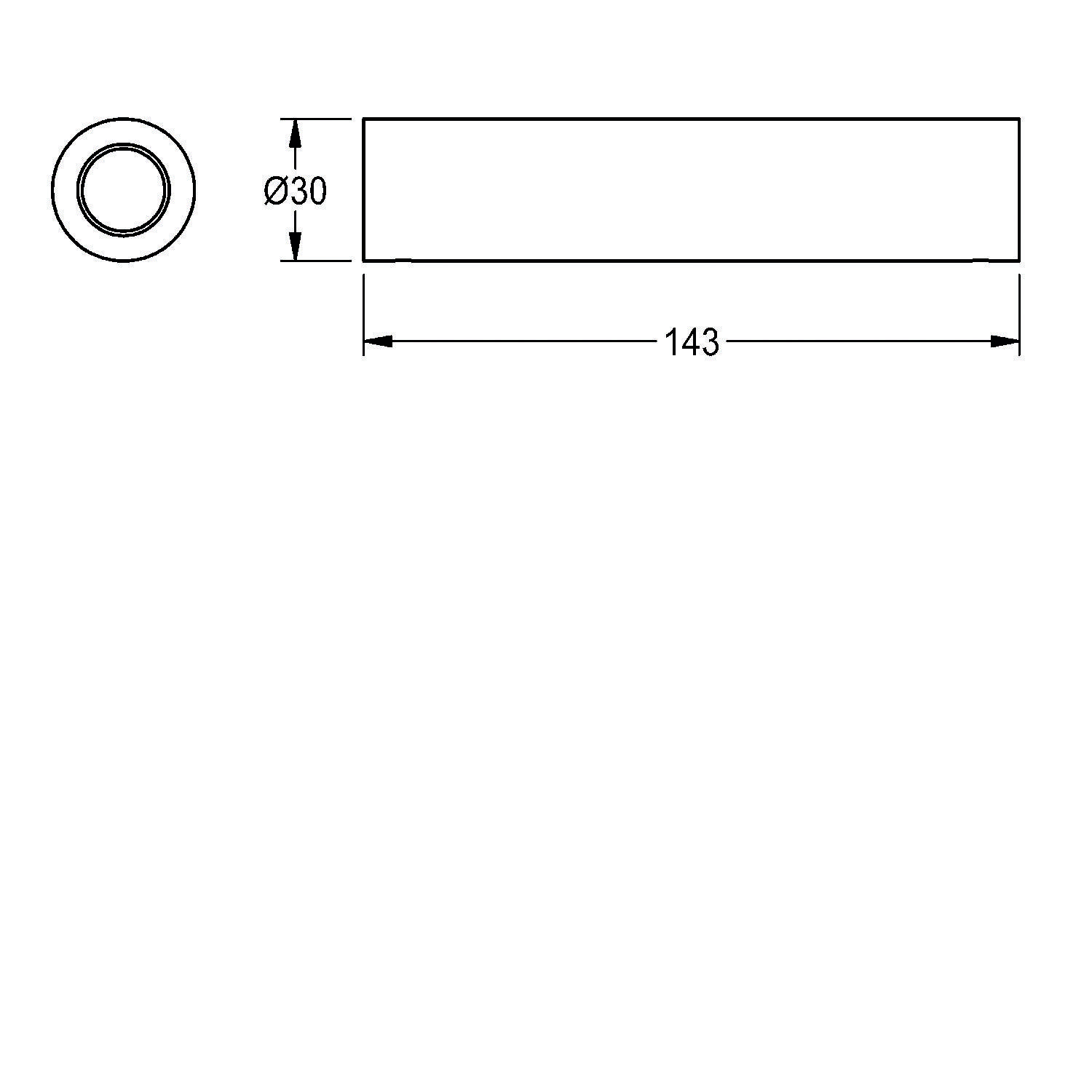 Diagramm, das einen Stab mit einer Länge von 143 Einheiten und einem Durchmesser von 30 Einheiten zeigt. Stababmessungen: Durchmesser 30 Einheiten, Länge 143 Einheiten.