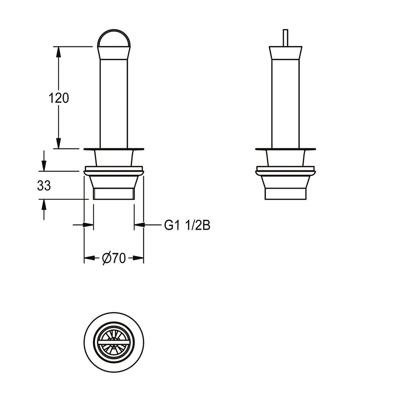 Technische Linienzeichnung eines Ablaufstoppers/Stöpsels mit Vorder- und Seitenansicht, die Abmessungen 120, 33, Ø70 und Gewindegröße G1 1/2B zeigt.