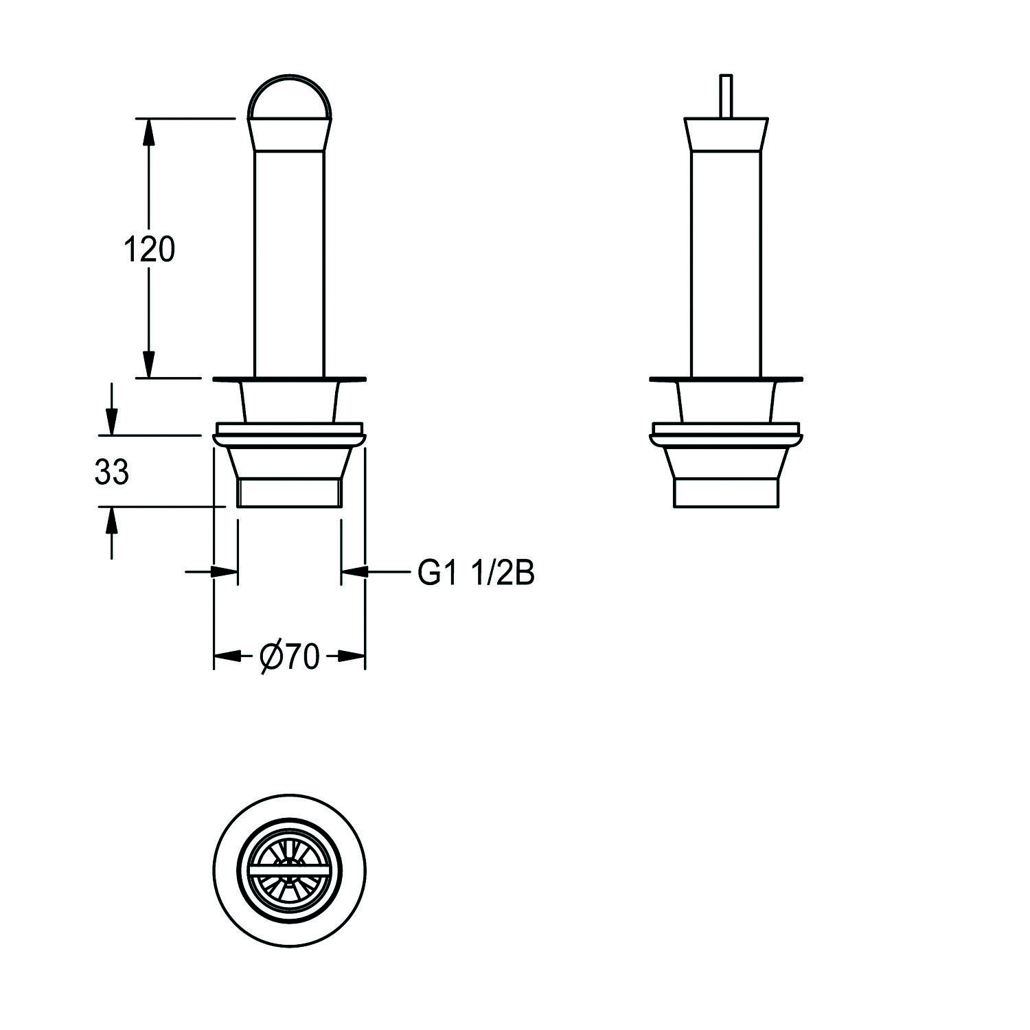 Diagramm einer zylindrischen Komponente mit Maßangaben: Höhe 120 mm, Durchmesser 70 mm. Seitenansicht zeigt zusätzliche Höhe von 33 mm.