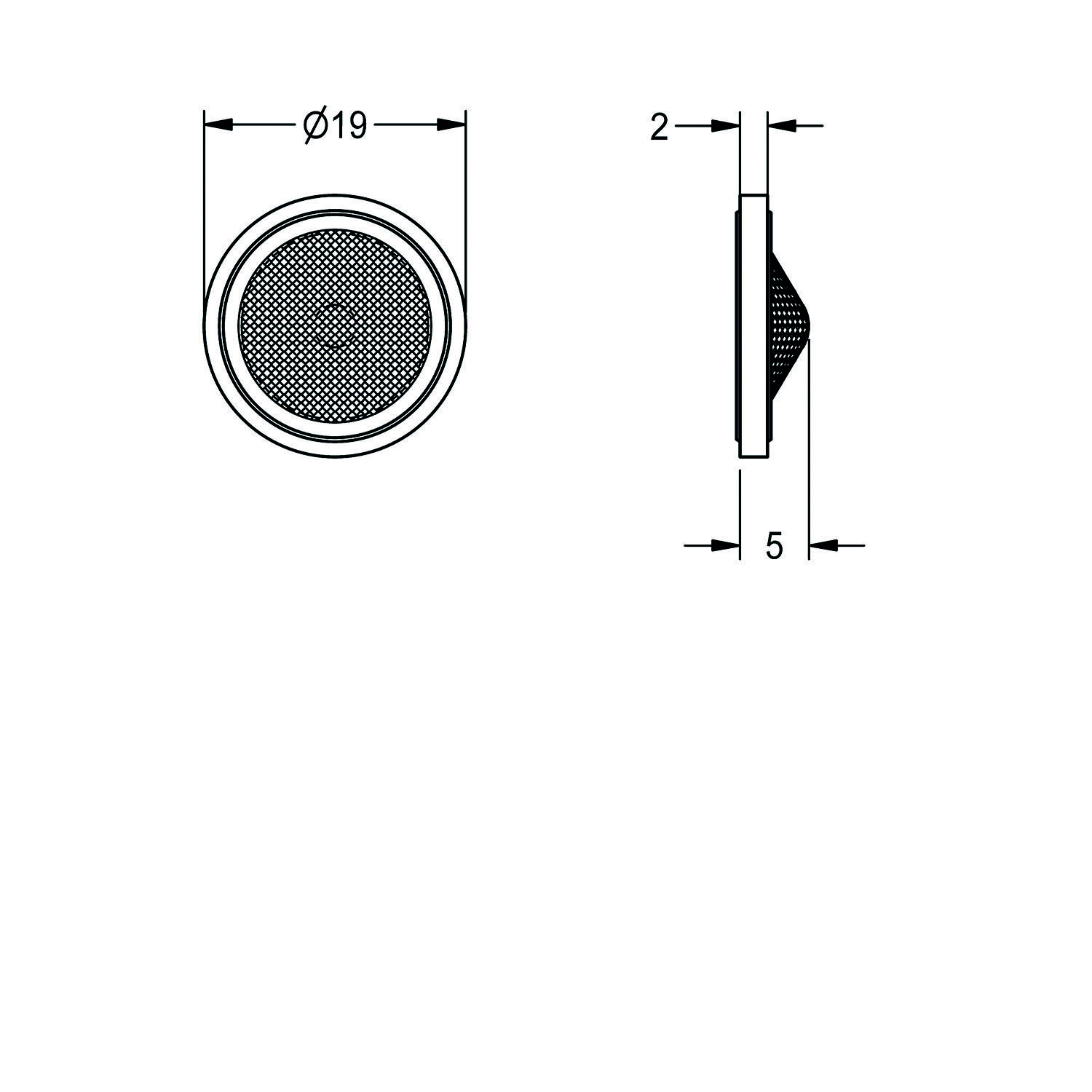 Kreismaschenfilter mit Abmessungen: 9 mm Durchmesser, 2 mm Tiefe und 5 mm Breite von der Seitenansicht.