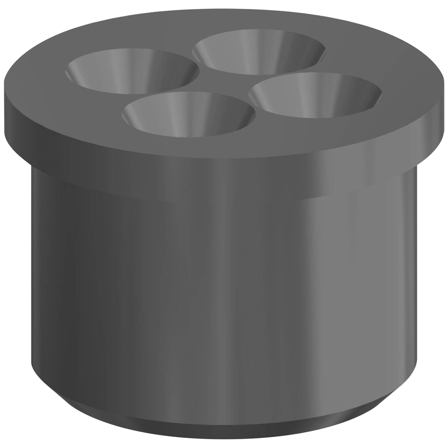 Ein 3D-gerendertes Bild eines grauen zylindrischen Objekts mit einer flachen Oberseite, das vier eingesenkte kreisförmige Rillen aufweist, die in einem quadratischen Muster angeordnet sind.