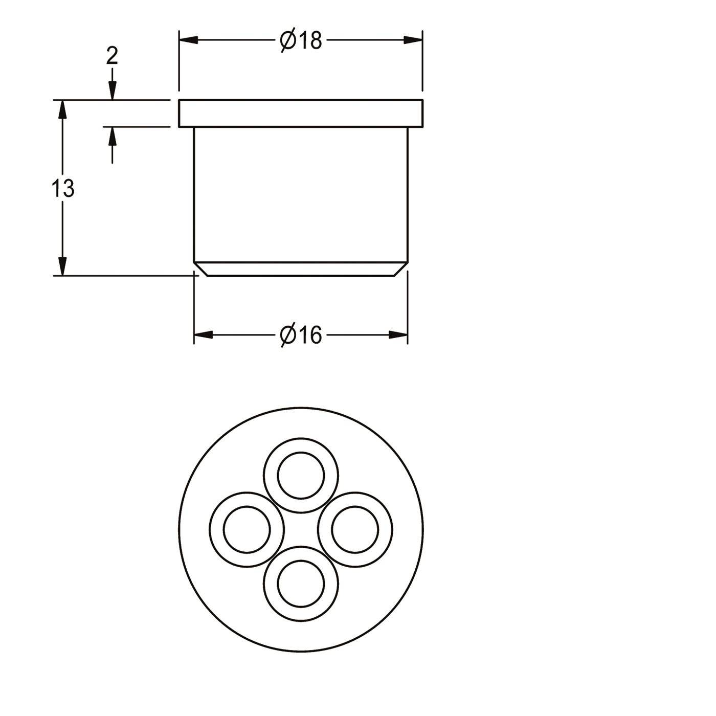 Technische Zeichnung eines kleinen zylindrischen Bauteils: 18 mm Durchmesser oben, 16 mm Durchmesser unten, 13 mm Höhe, mit vier kreisförmigen Öffnungen in Kreuzform angeordnet.