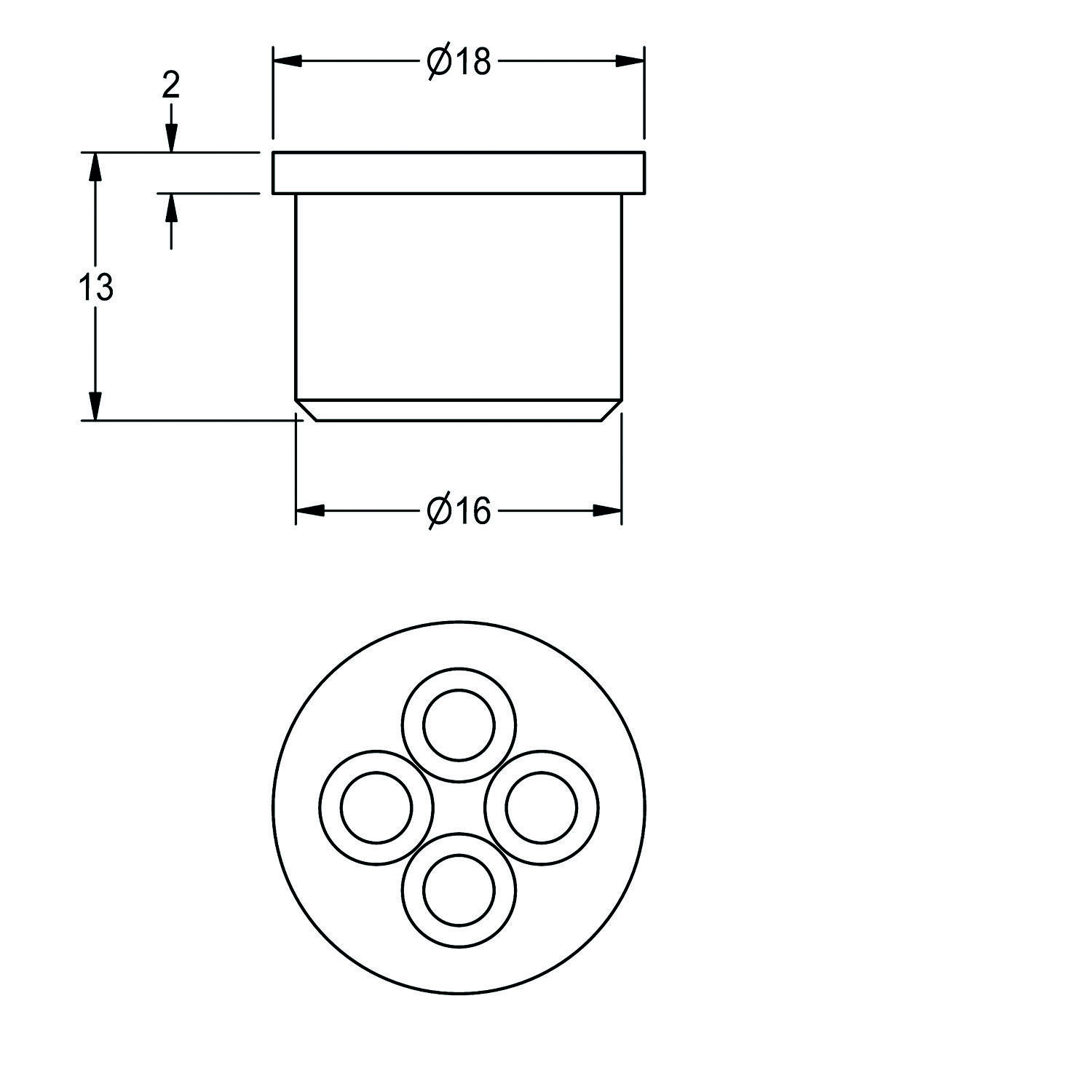 Zeichnung eines runden Behälters mit Abmessungen: 18 mm Durchmesser für den Deckel, 16 mm Durchmesser für die Basis und 13 mm Höhe. Die Draufsicht zeigt vier Abschnitte.